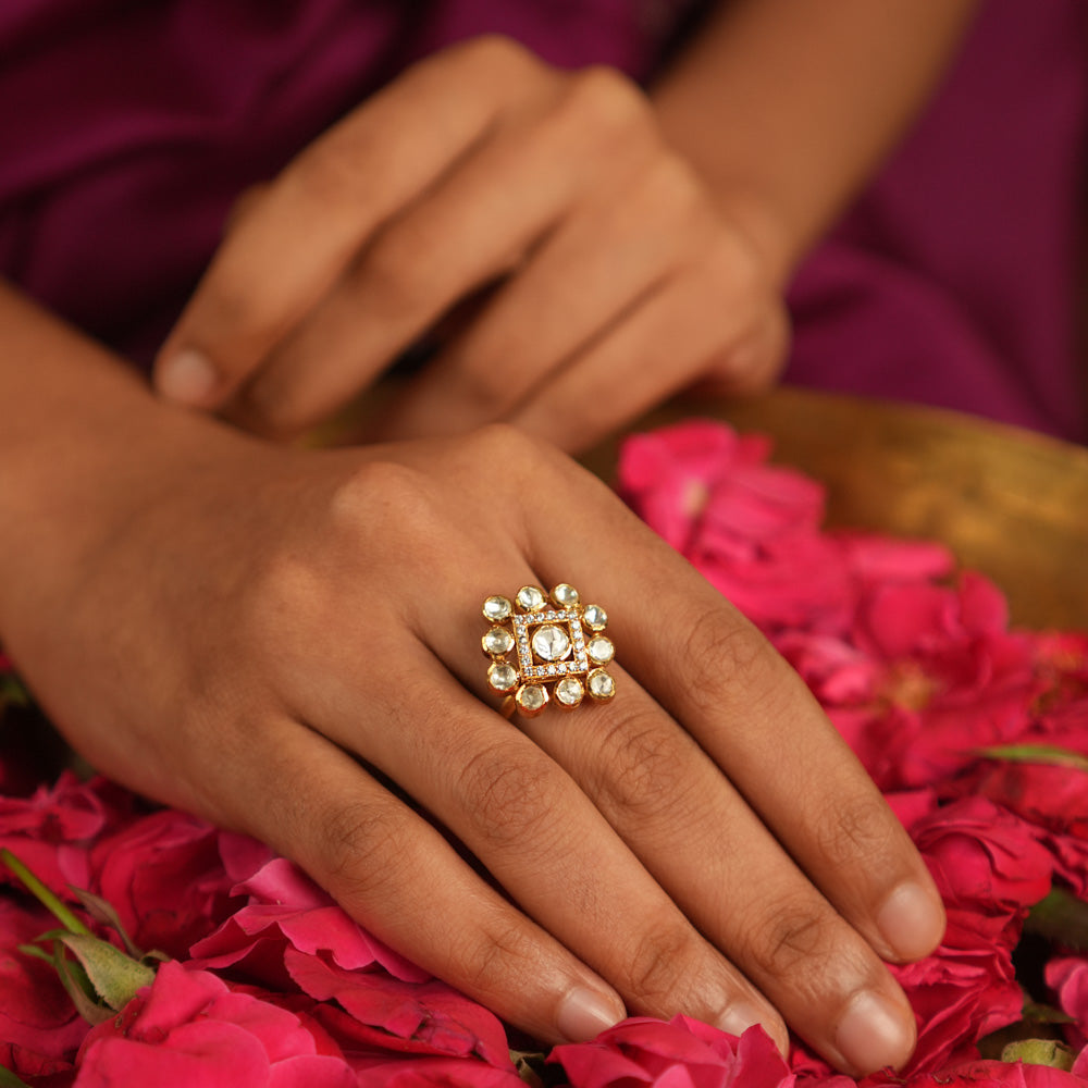 Modern muse reborn! A minimal polki ring adorned with shimmering geometric brilliance, whispering timeless elegance in every facet.