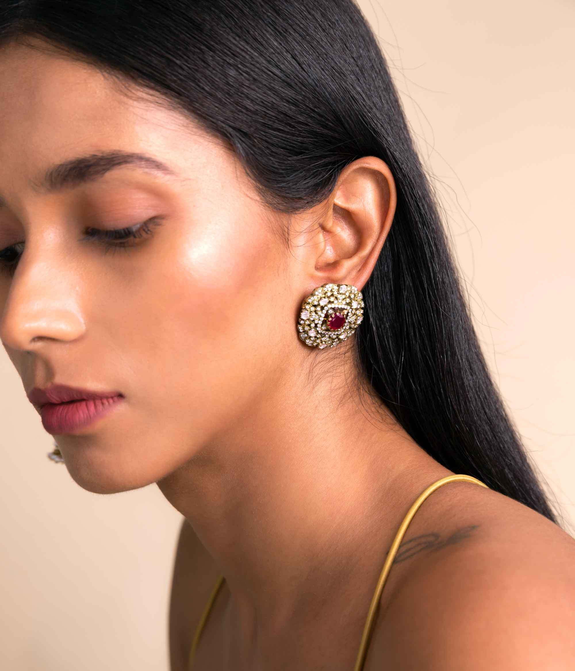 Handmade Victorian silver stud earrings with polki, CZ, and red stones