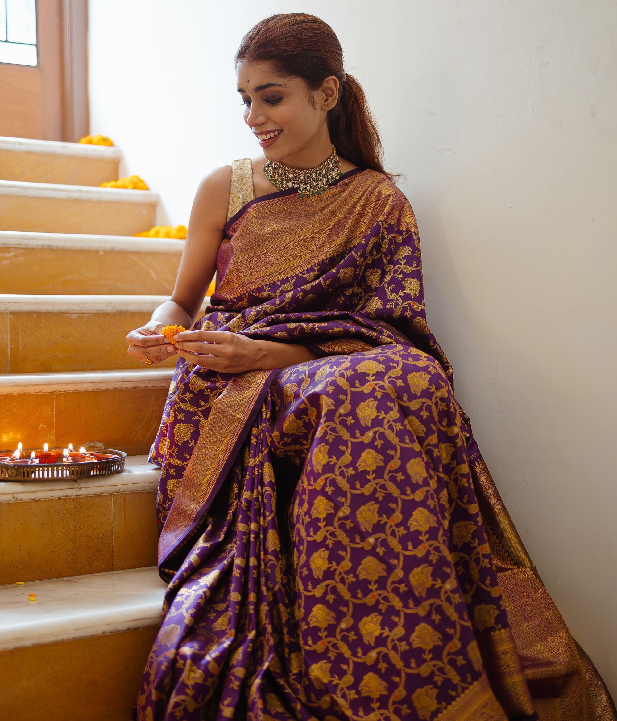 Festive silver Victorian earrings with green gemstone, polki stones, beads, and CZ stones