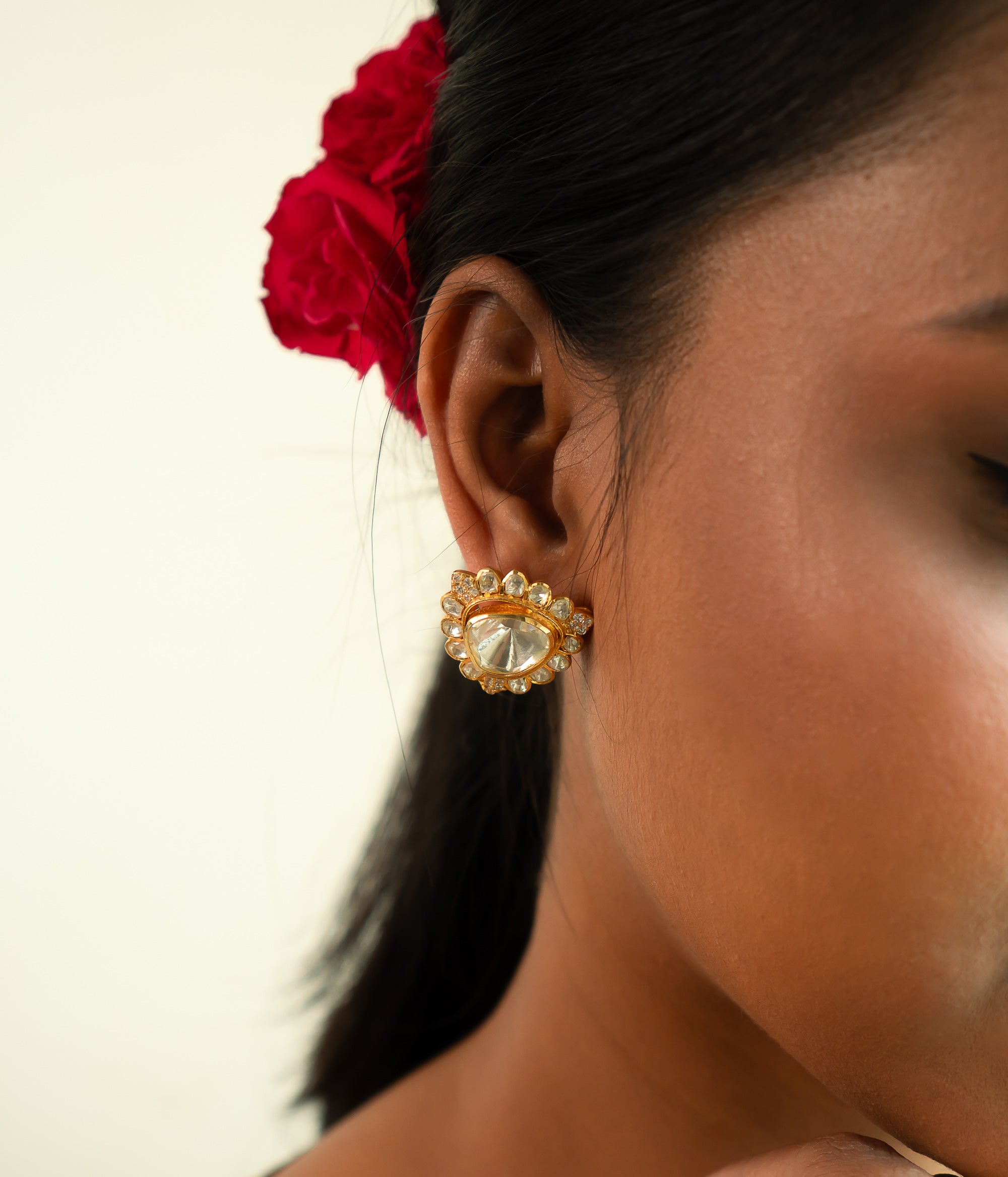 Handcrafted 92.5 silver Zeba earrings with polki and green cut stones