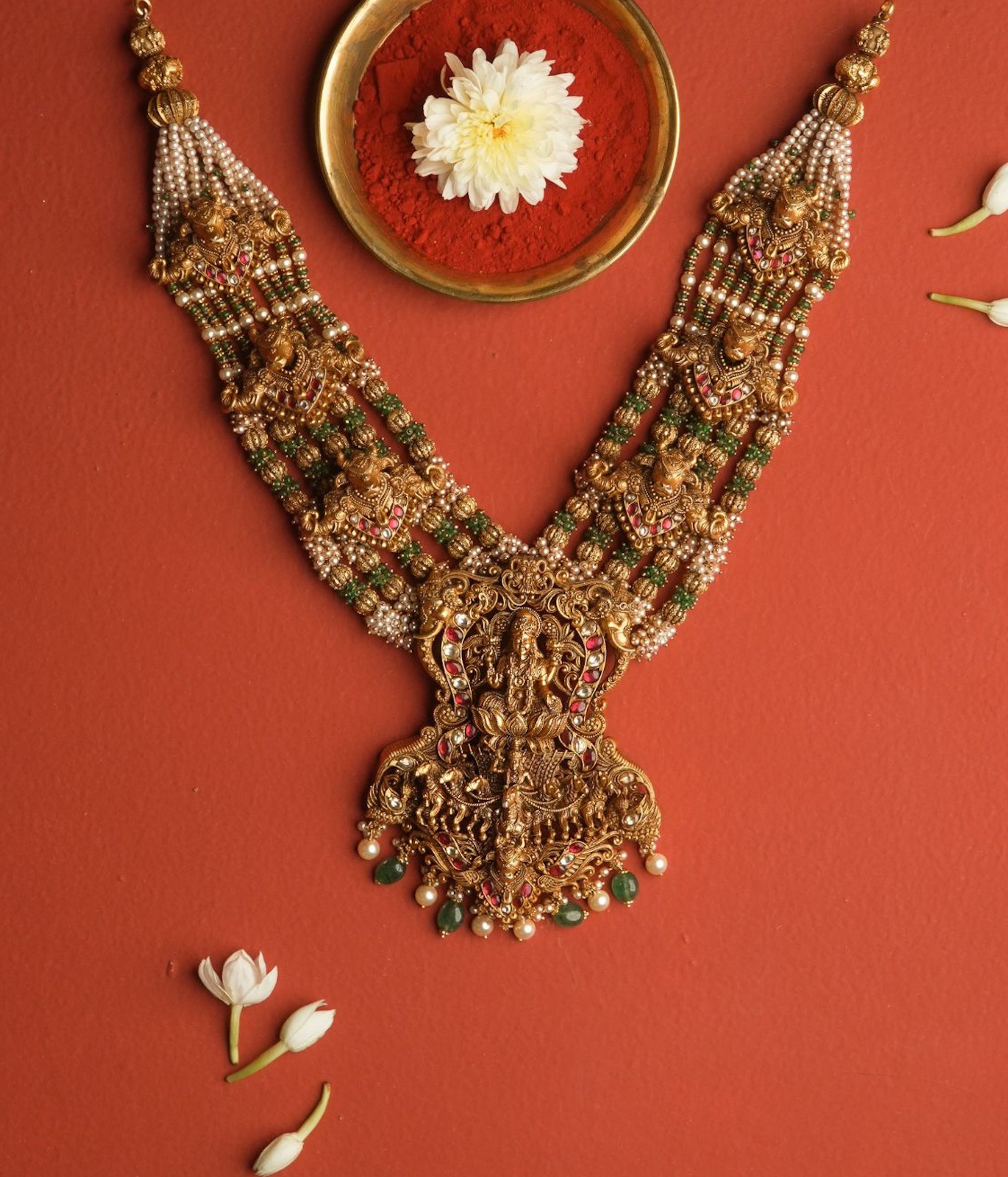 Close-up of Hridya Necklace with Red and White Kundan Stones and Pearls
