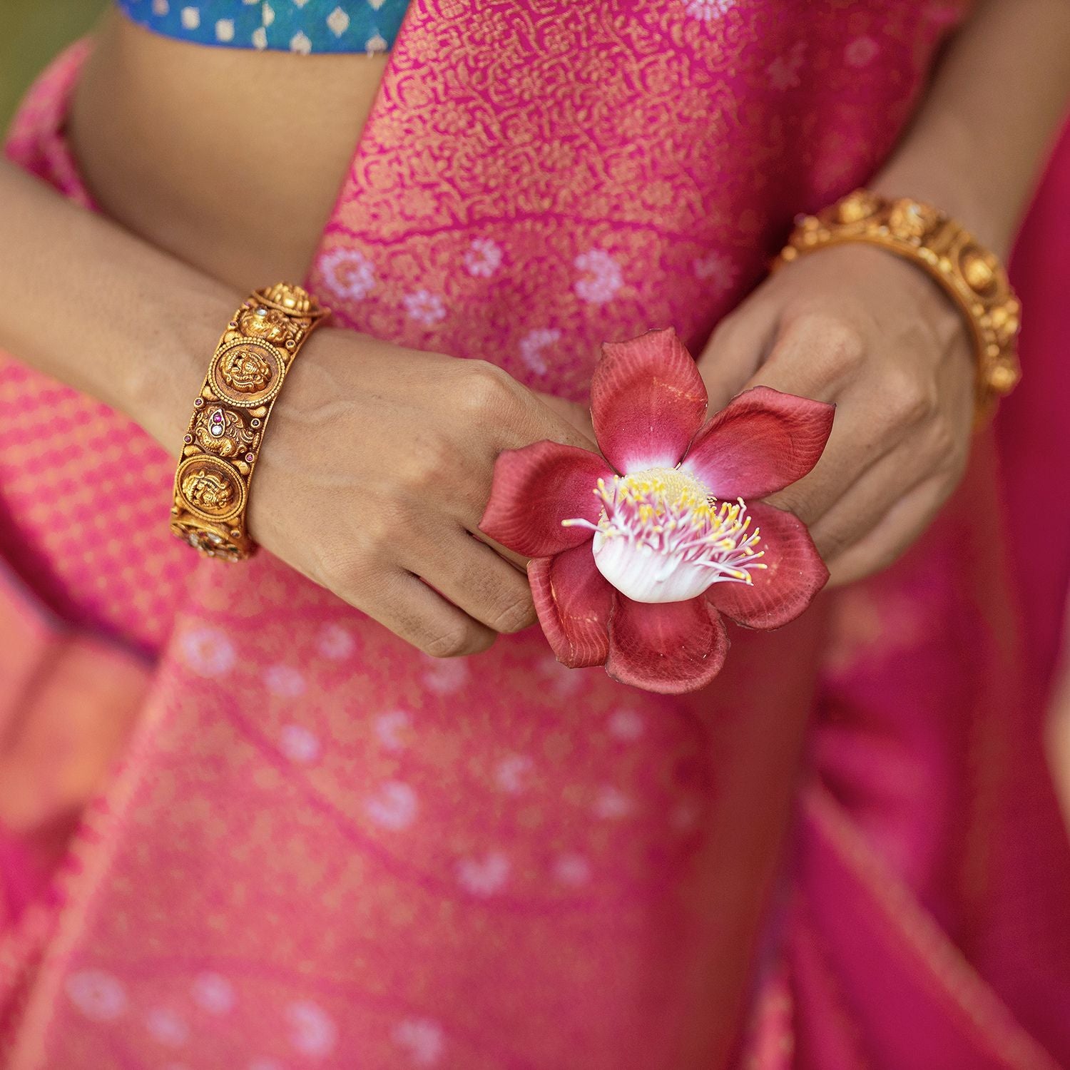 Handmade antique Nakshi Kada with red green white Kundan stones