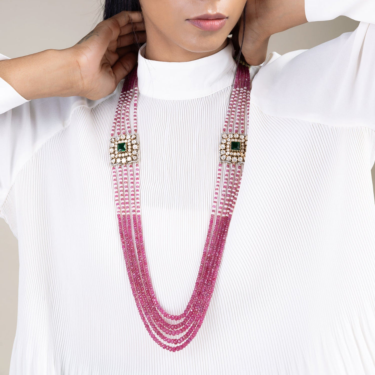 Elaya Victorian Ruby and Pearls Long Necklace in 92.5 Sterling Silver