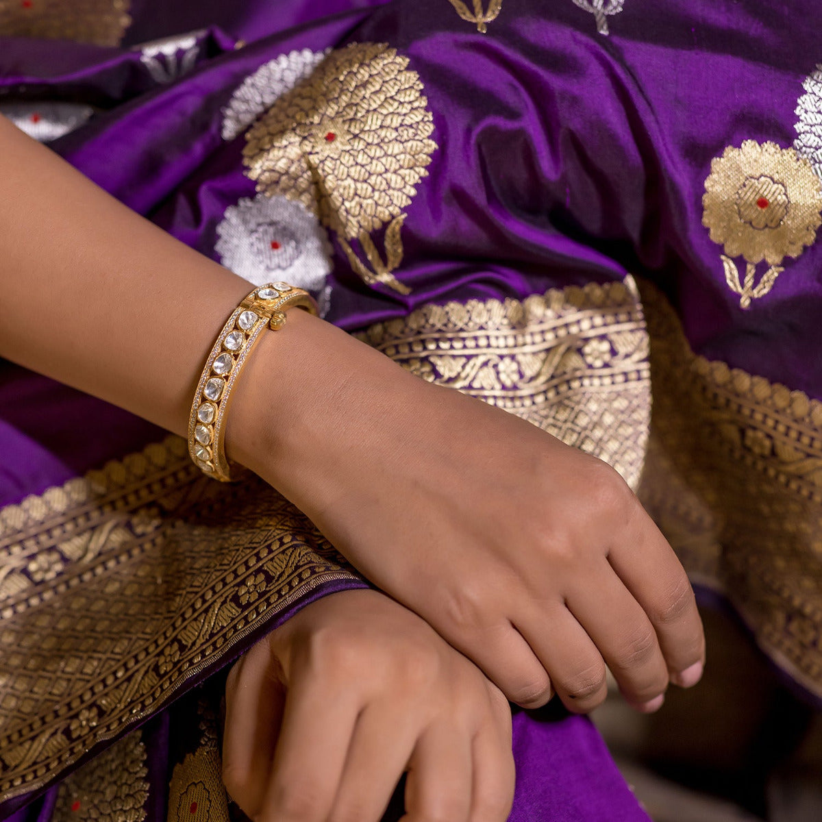 92.5 Sterling Silver Heira Polki Bangle Gold Plated