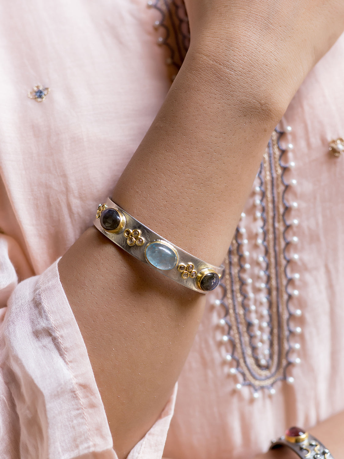 Jwala Bracelet in 92.5 Silver with Labradorite and Aqua Chalcy Stones