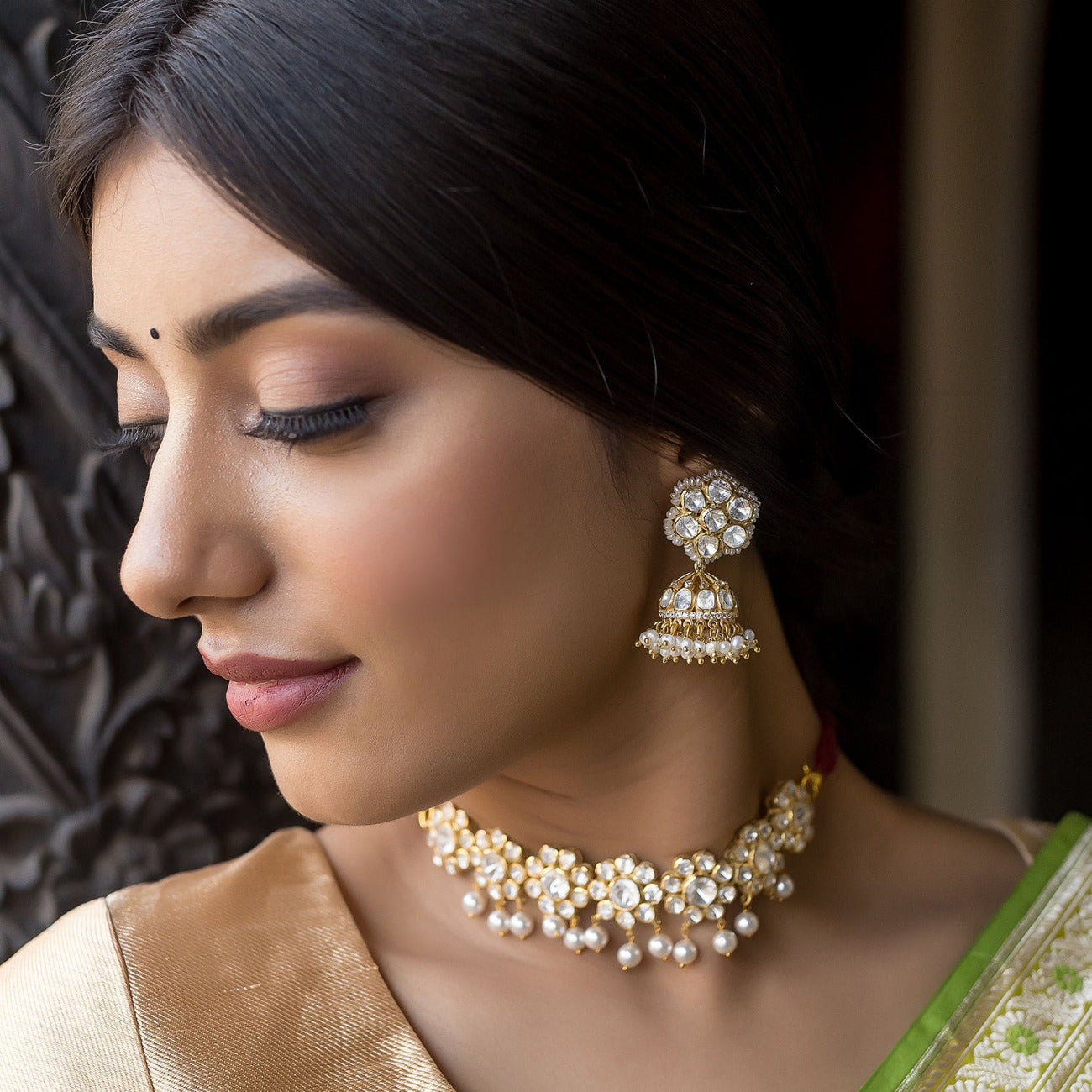 Handmade silver earrings with Polki stones and pearls by DivasMantra