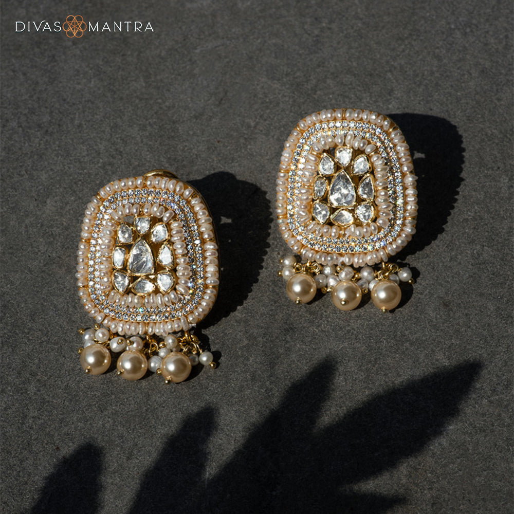 Marula Polki Earrings in 92.5 Silver with Polki, CZ Stones, and Pearls