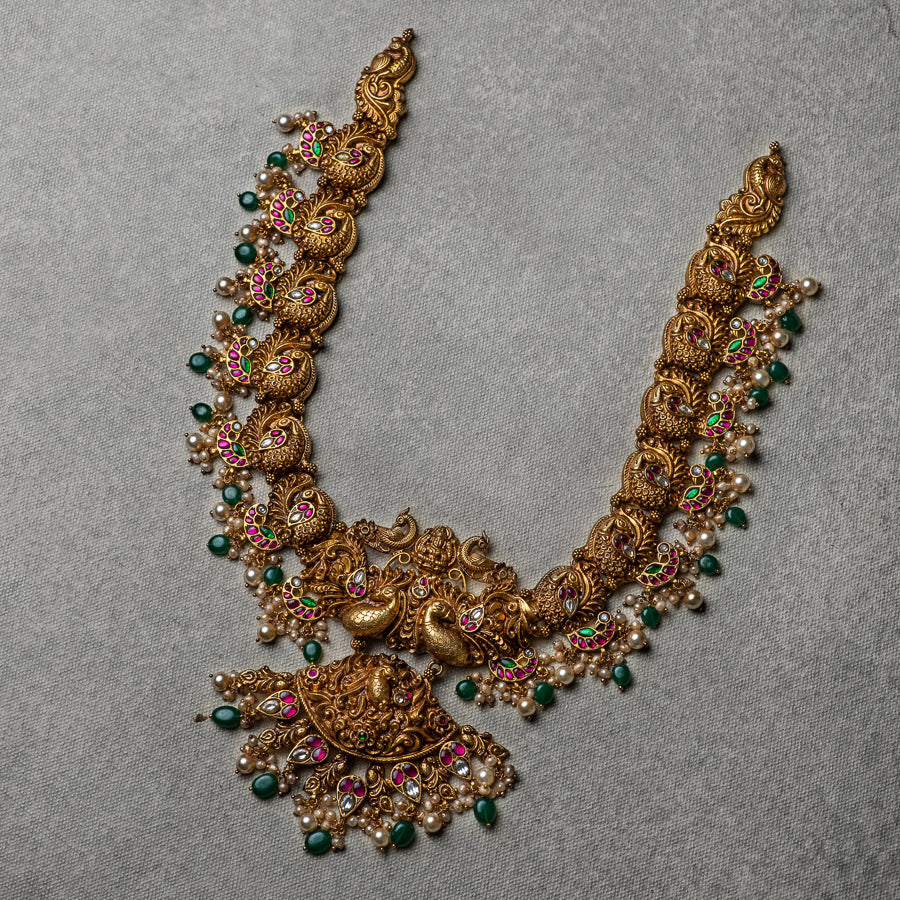 92.5 Sterling Silver Pallavi Antique Deep Nakshi Long Necklace Gold Plated