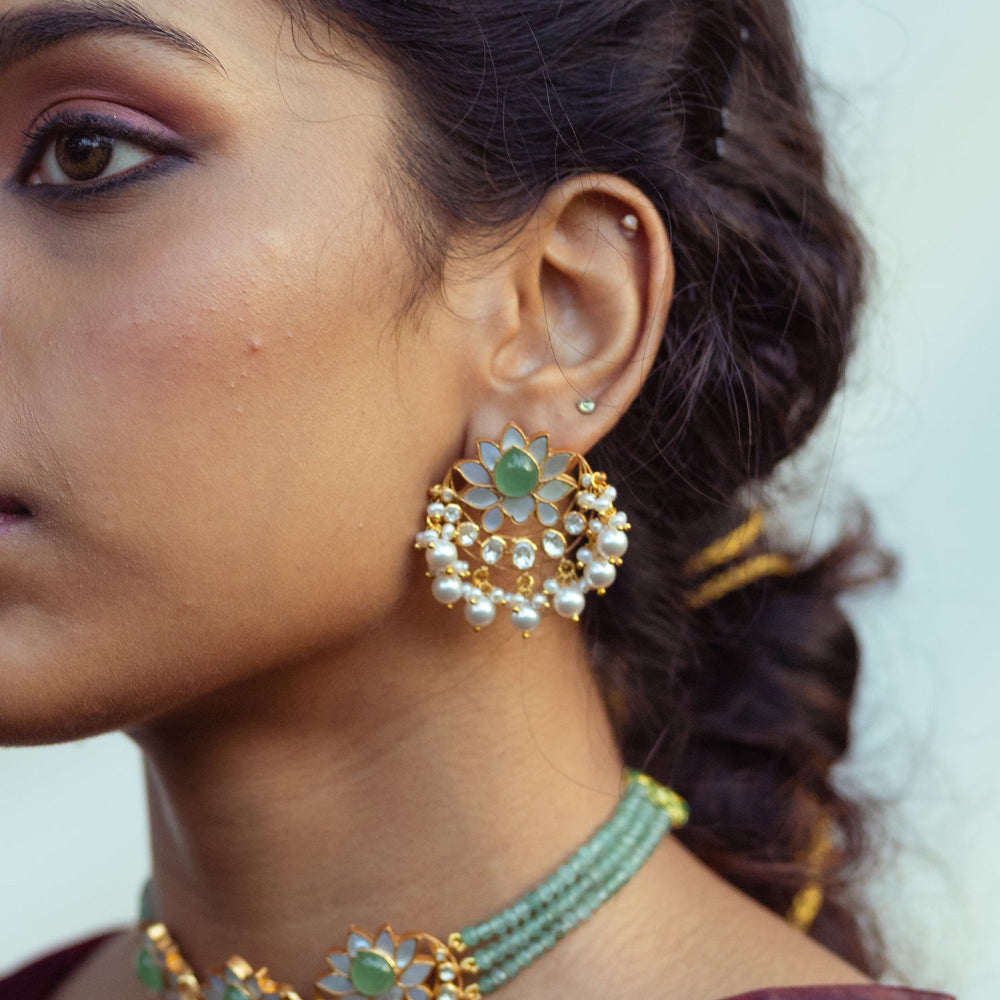 92.5 Sterling Silver Saaka Mother of Pearl and Jade Earrings Gold Plated