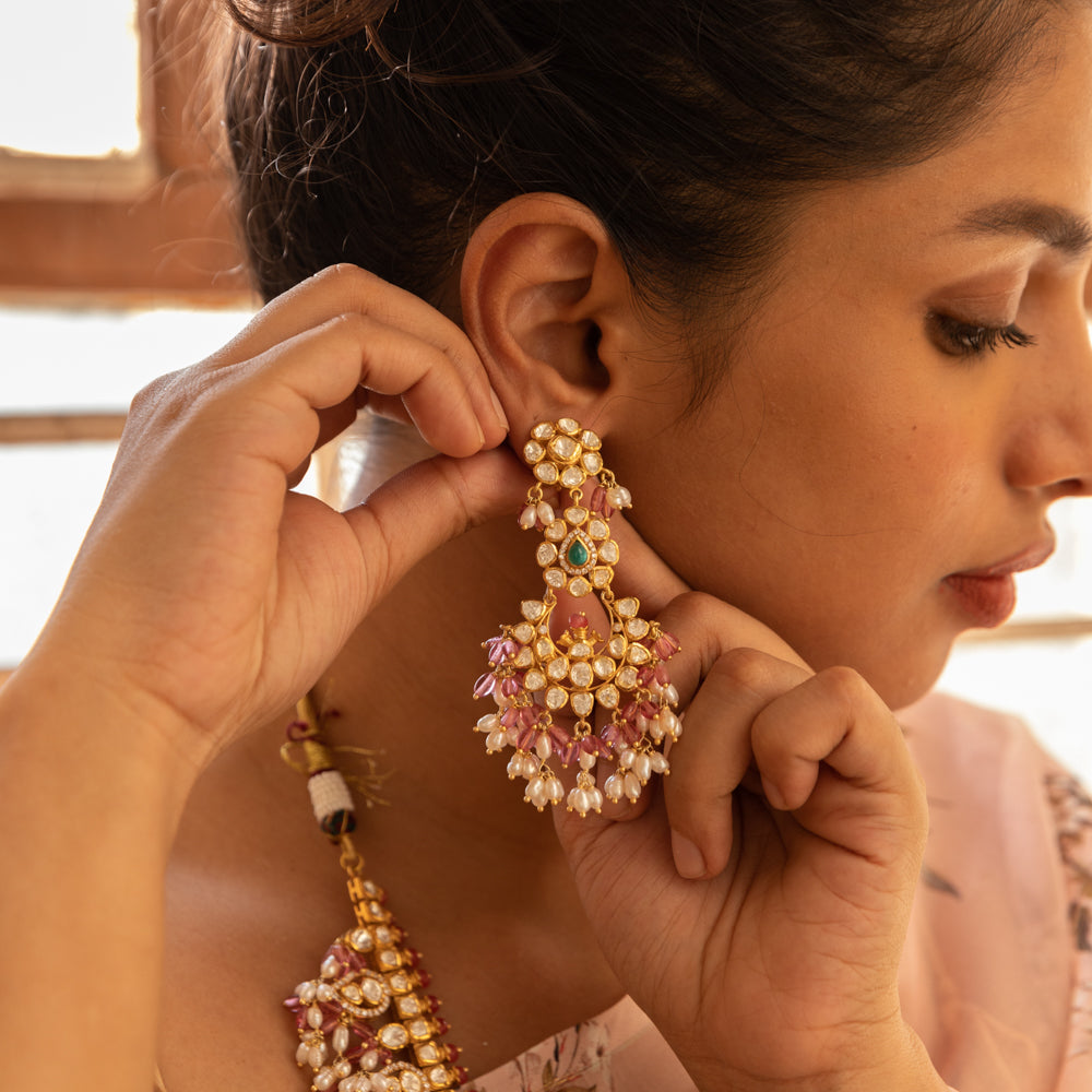 92.5 Sterling Silver Siappa Pink Beads and Rice Pearls GuttaPusalu Earrings Gold Plated