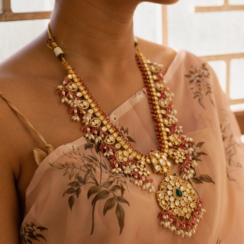 Siappa Pink Beads And Rice Pearls Guttapusalu Long Necklace