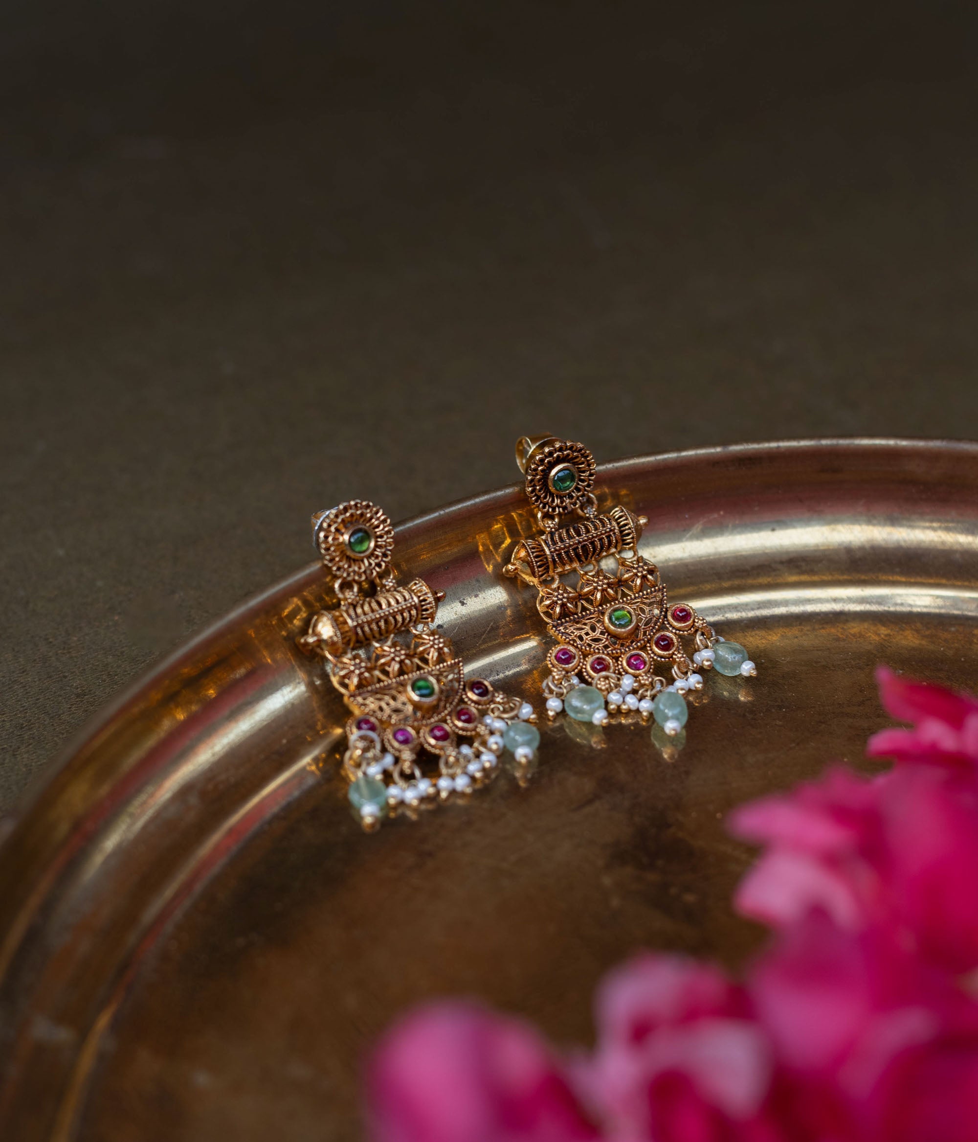 DivasMantra silver jhumkas – red and green spinel
