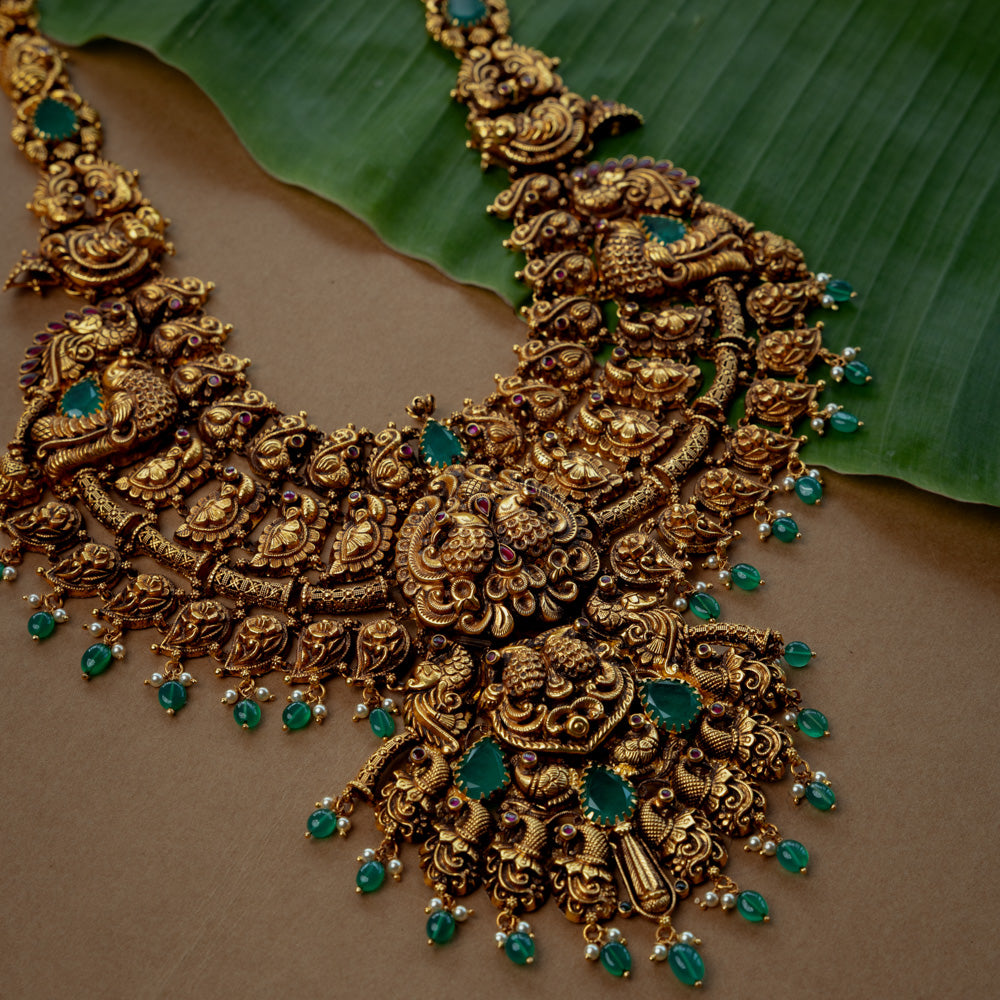 Temple Necklace with Red Kundan Stone, Green Kundan Stone, Green Beads and Pearls, themed around Heritage.