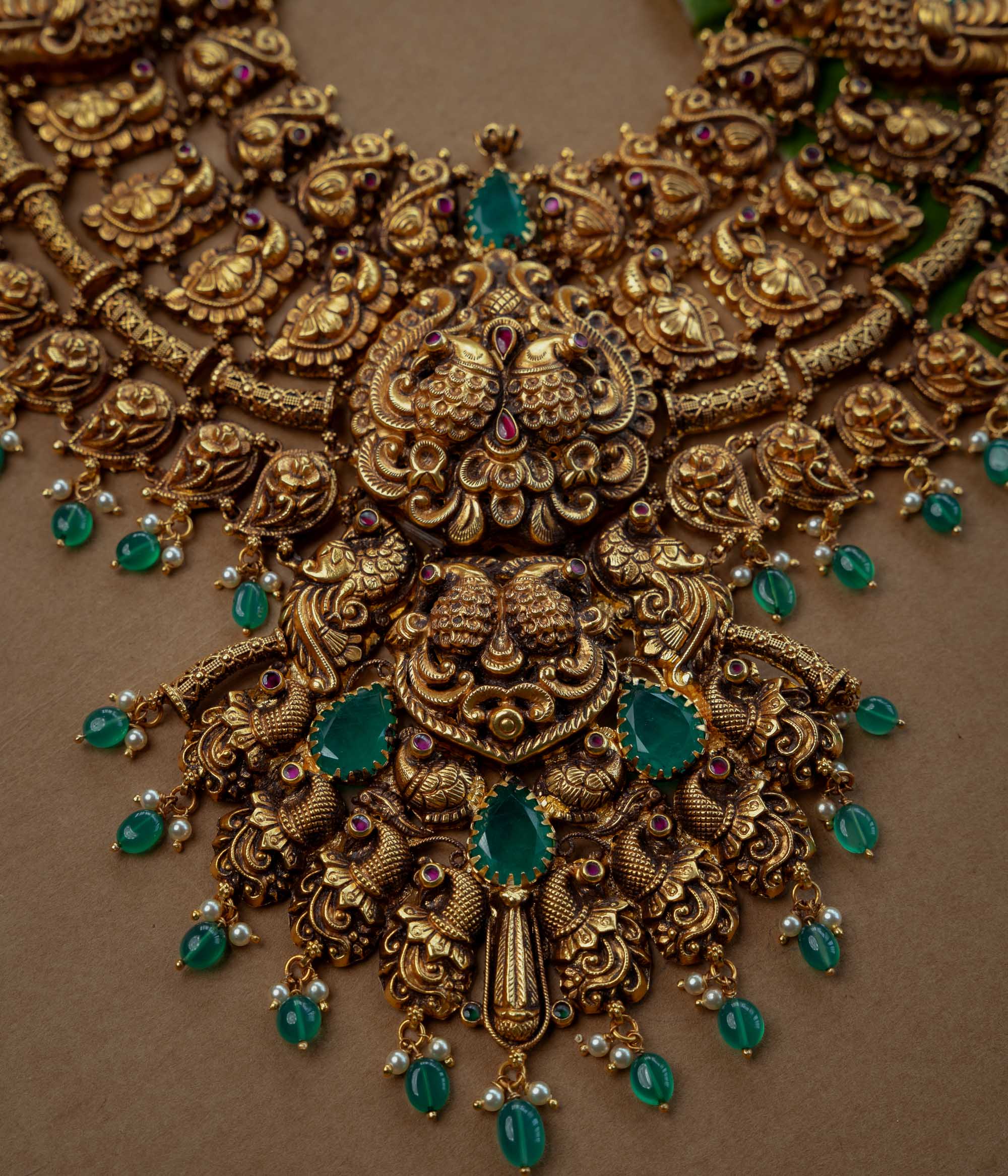 Temple Necklace with Red Kundan Stone, Green Kundan Stone, Green Beads and Pearls, themed around Heritage.
