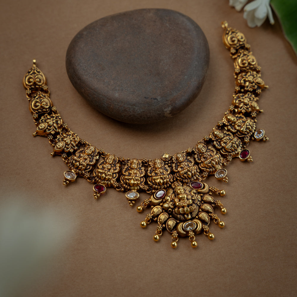 Temple Necklace with Red Kundan Stone, White Kundan Stone, themed around Goddess.