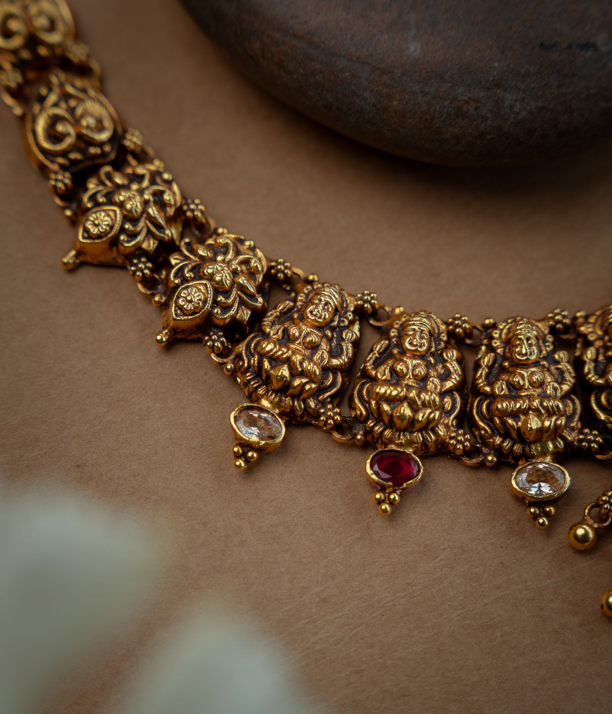 Temple Necklace with Red Kundan Stone, White Kundan Stone, themed around Goddess.