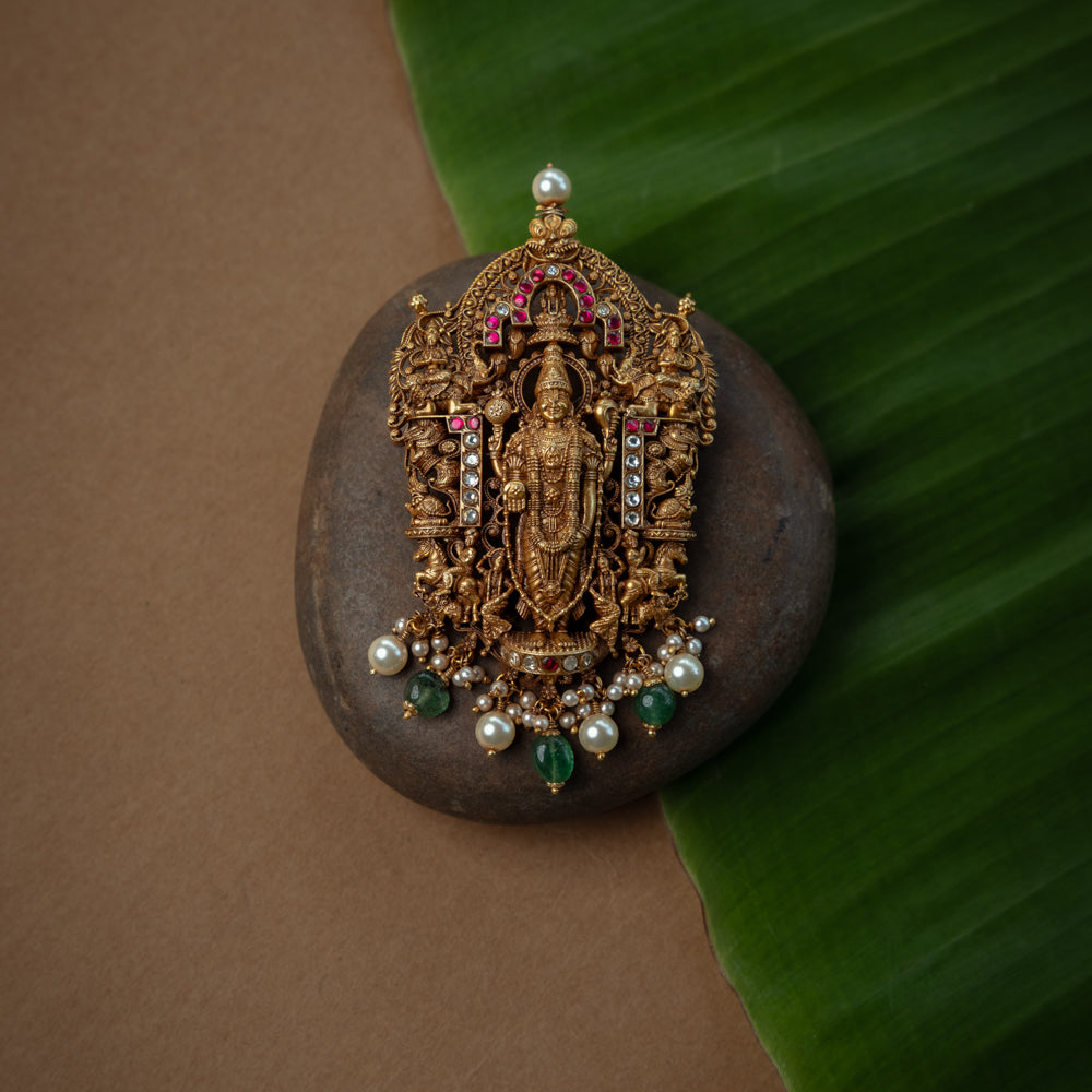Pendant Pendant with Red Kundan Stone, White Kundan Stone, Red Beads and Pearl., themed around Lotus.