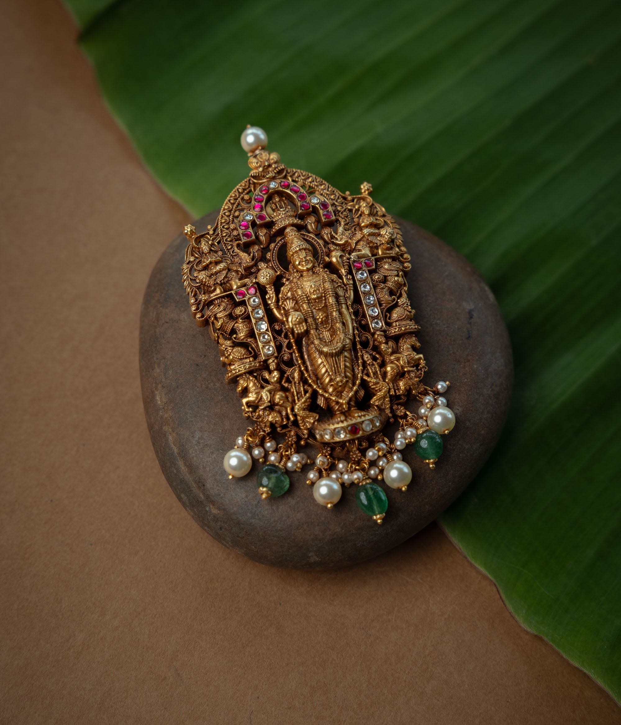 Pendant Pendant with Red Kundan Stone, White Kundan Stone, Red Beads and Pearl., themed around Lotus.