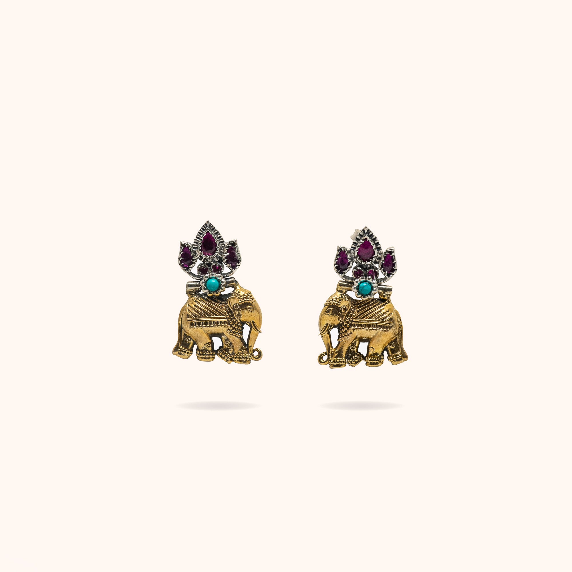 92.5 Sterling Silver Suur Dual Toned Turquoise and Kundan Elephant Earrings Gold Plated