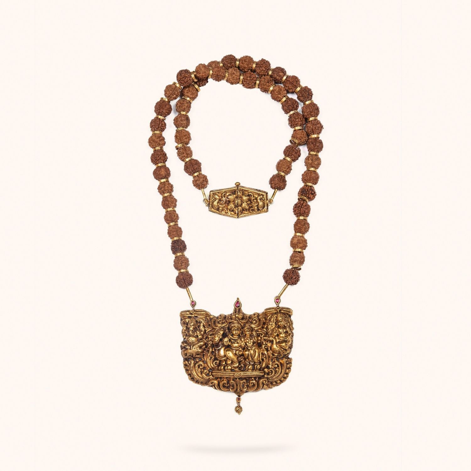92.5 Sterling Silver Damsa Hand Nakshi Shiv Parivar Rudraksha Long Necklace Gold Plated