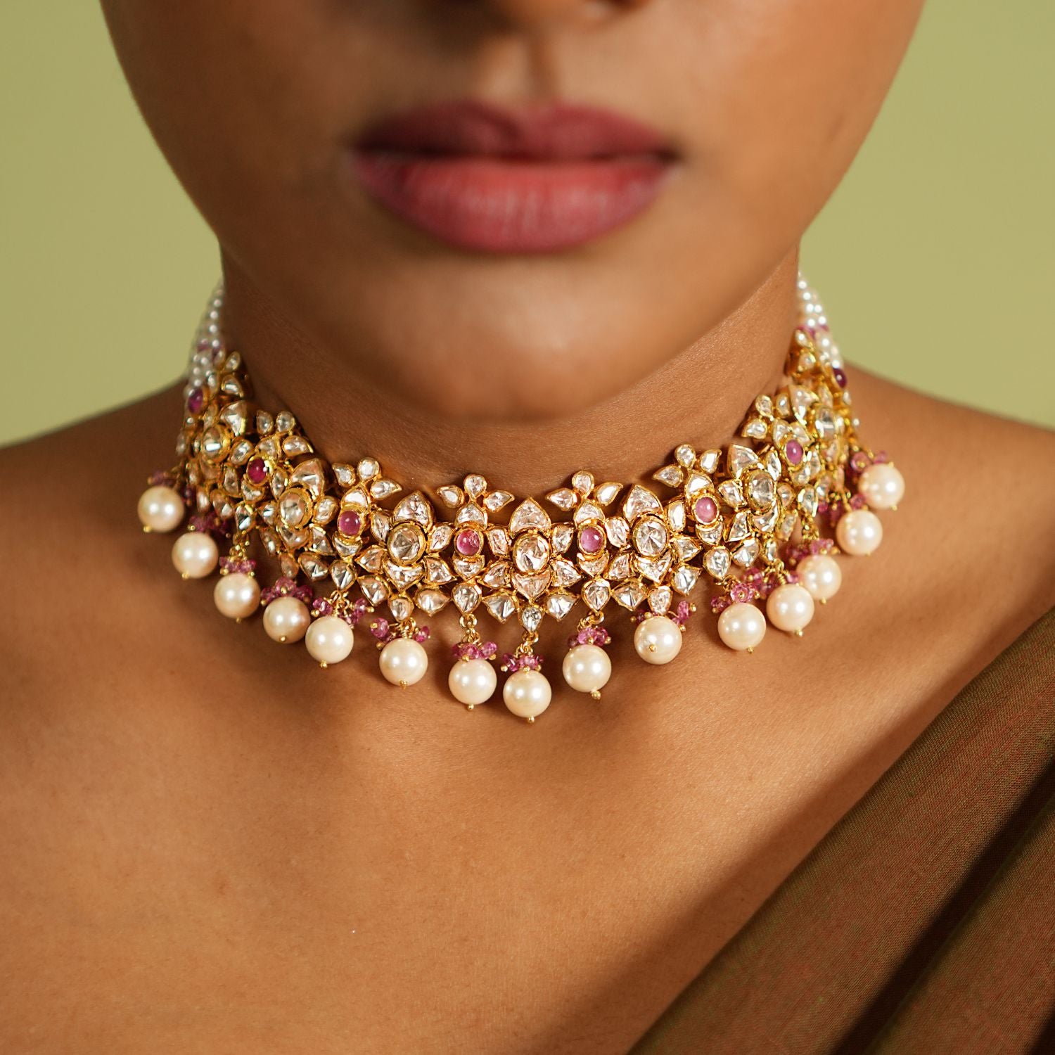 Dipalie Polki Necklace in 92.5 Sterling Silver and Gold Plating

