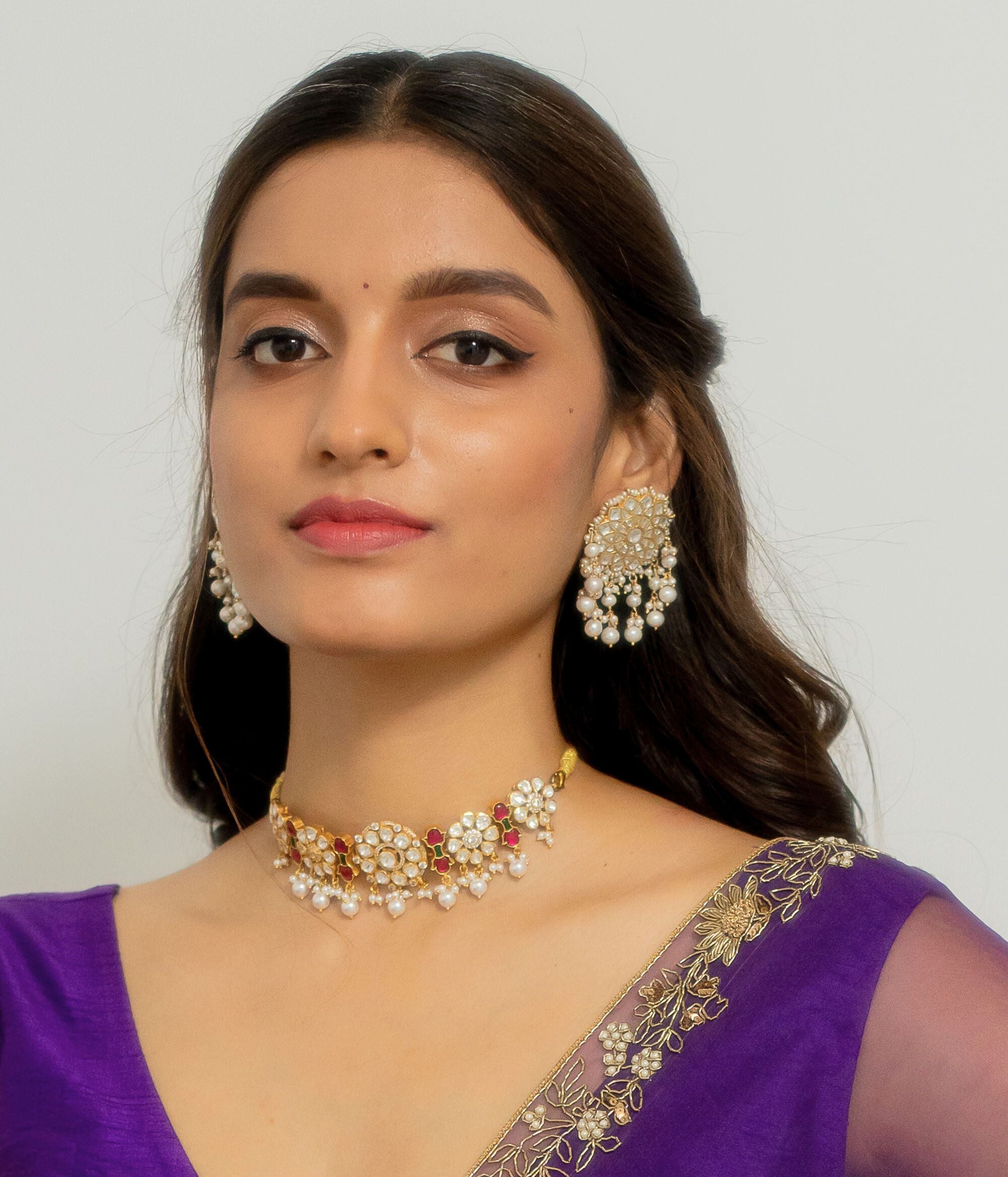 Dwaja Floral White Kundan Hangings