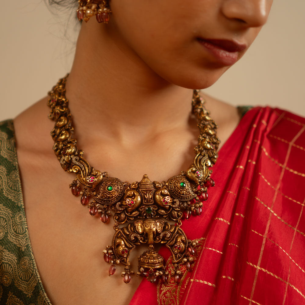 Handmade 92.5 Sterling Silver Kundan Necklace with Gold Plating, Pearls, and Red Beads