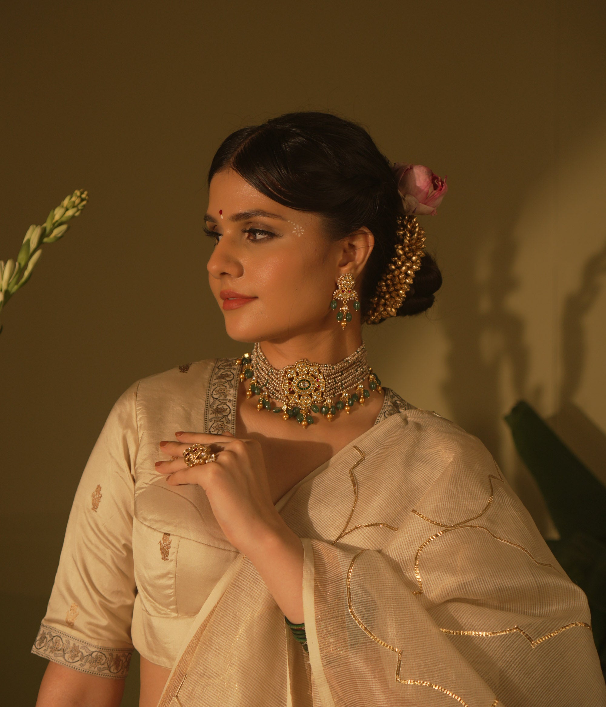  Heritage choker with temple medallion, rubies, emeralds, pearls and gold veiling—ancestral, elegant, and divine.