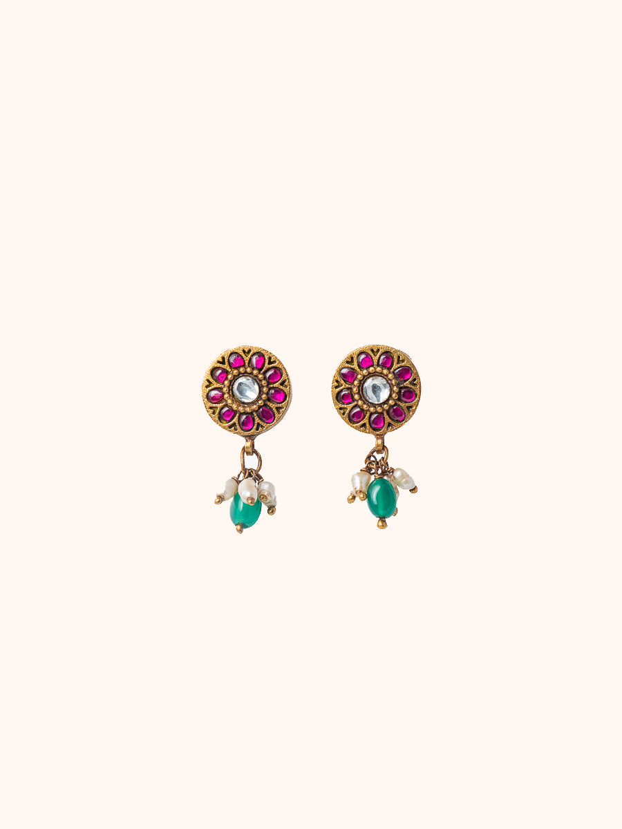 Phool Round Red Kundan Gold Plated Silver Earrings