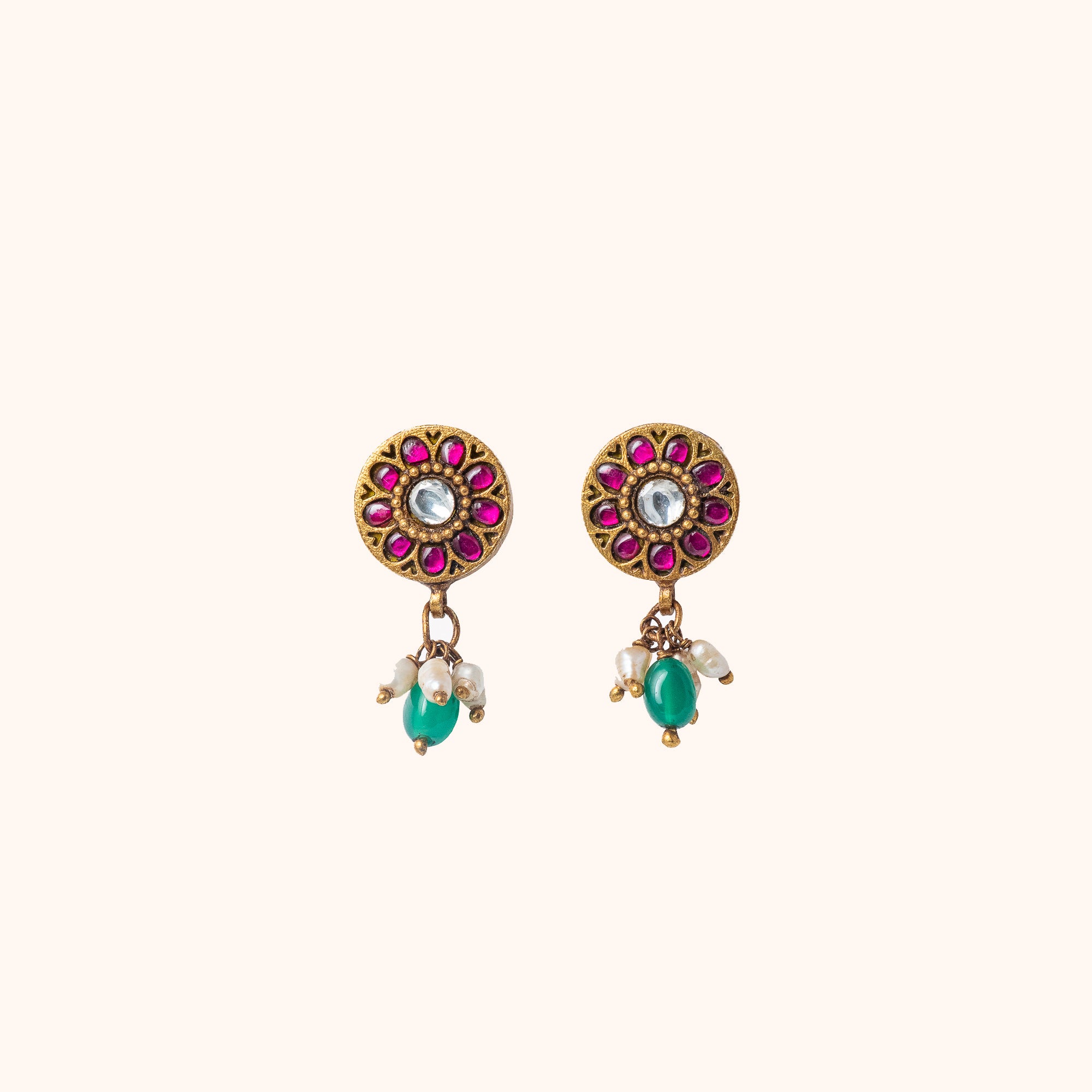 Phool Round Red Kundan Gold Plated Silver Earrings