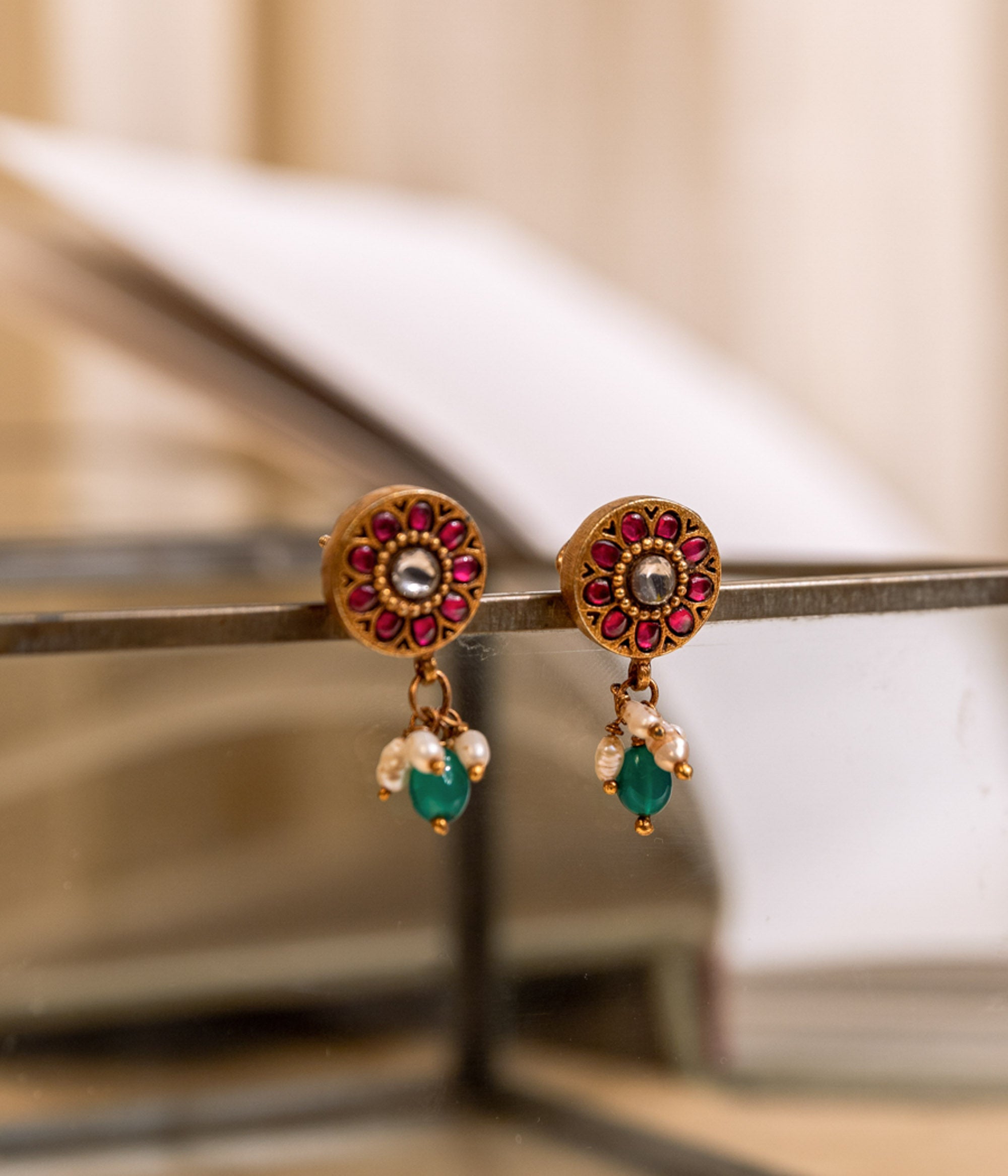 Phool Round Red Kundan Gold Plated Silver Earrings