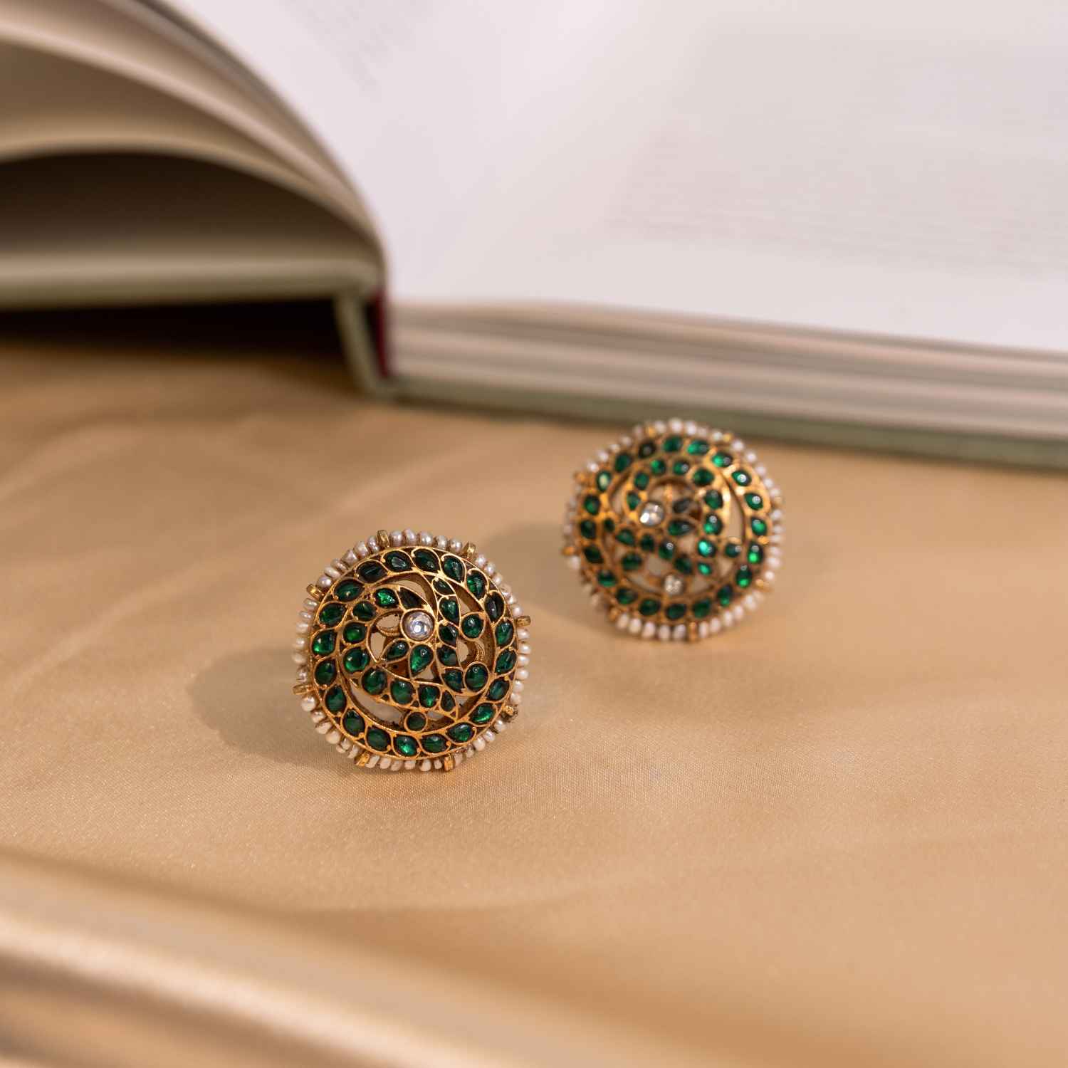 92.5 Sterling Silver Astra Elegant Green Kundan Peacock Studs Gold Plated