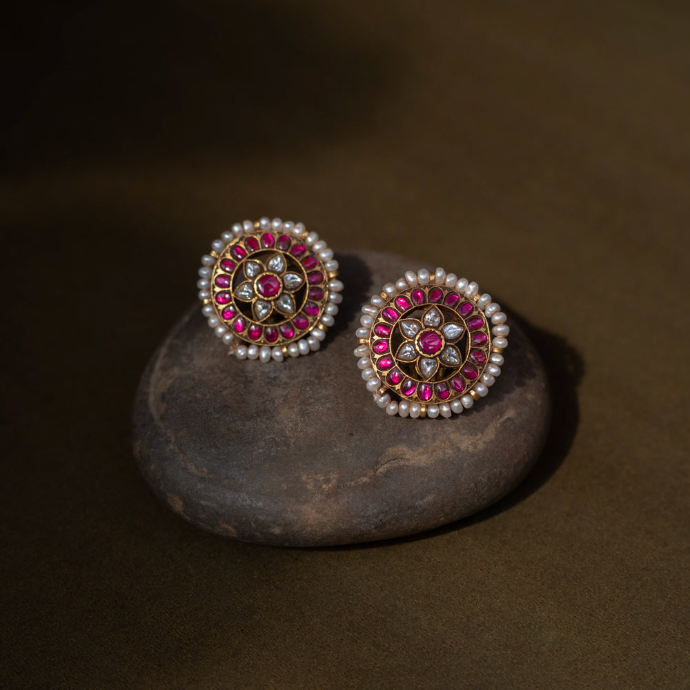 Rudrani Kundan Stud Earrings in 925 Silver – Close View