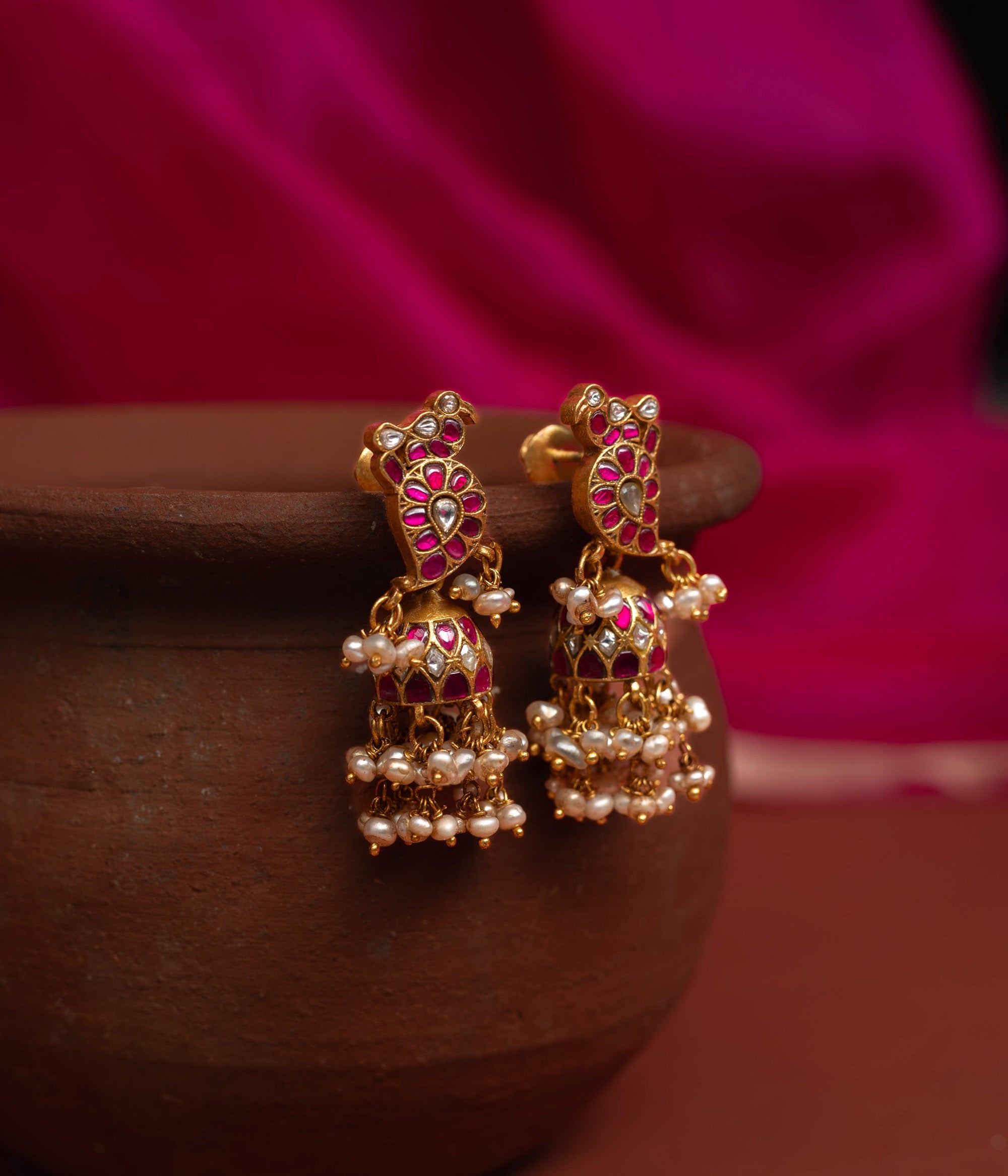 Red and white kundan temple jhumkas in 92.5 silver