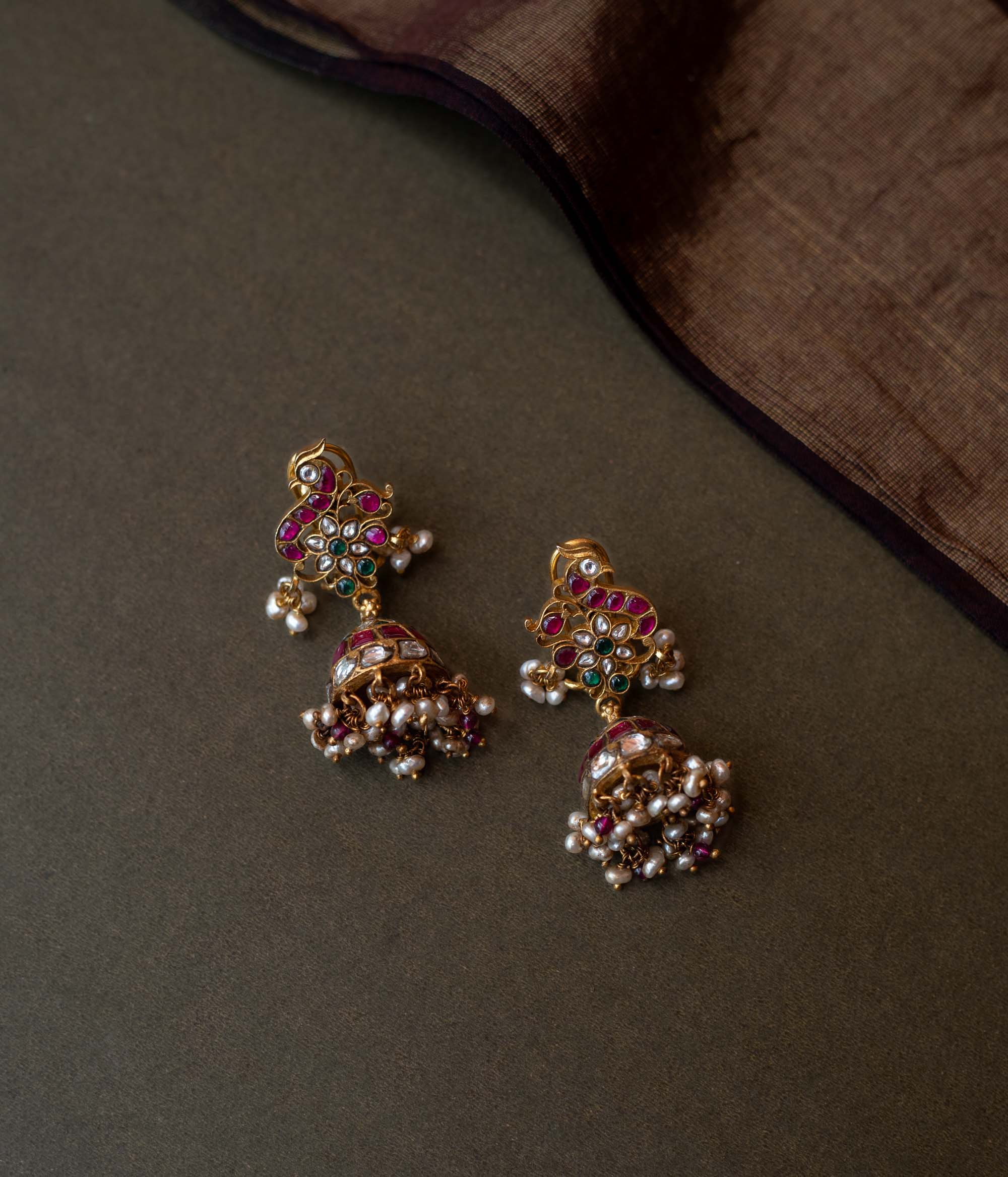 DivasMantra Bridal Jhumka Earrings with Red Kundan