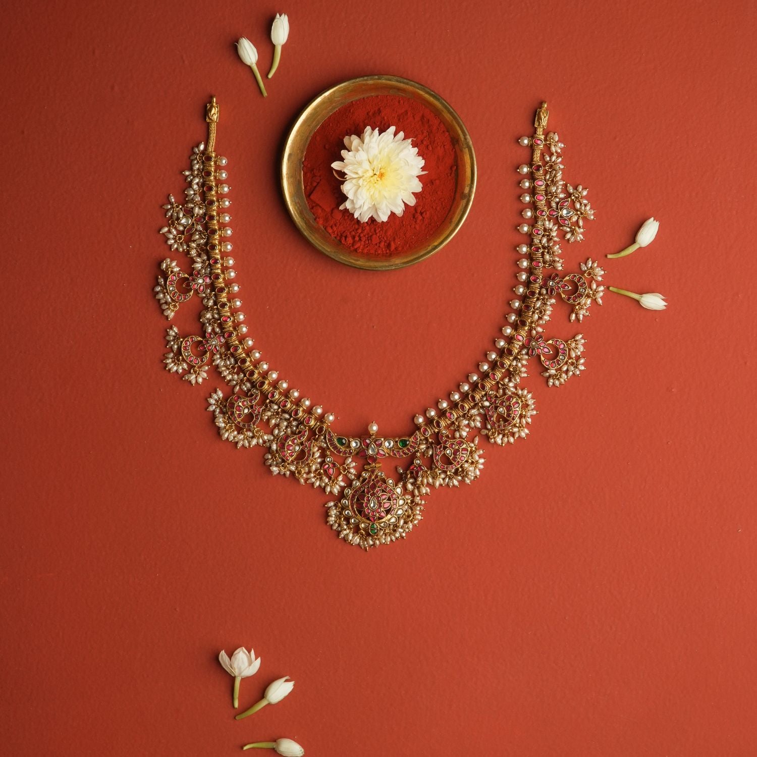 Rajnavi kundan necklace in 92.5 silver with red white green kundan stones pearls