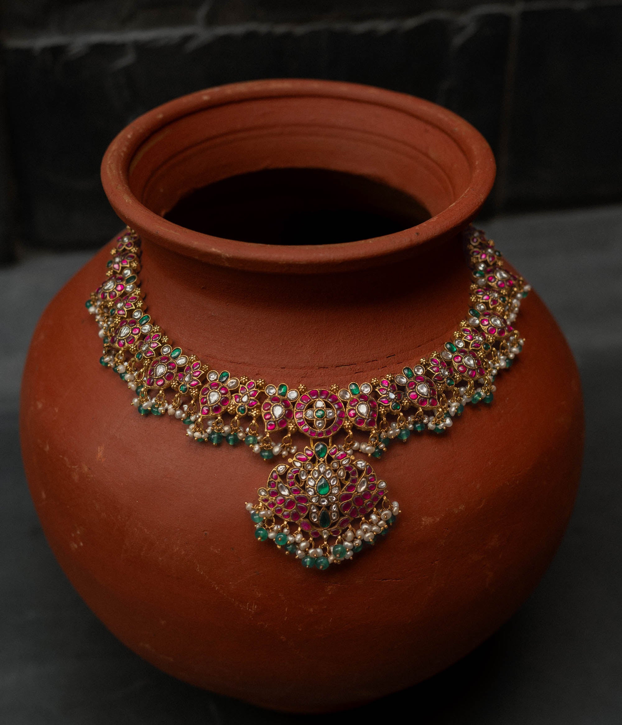 Aaradhya Kundan Necklace with Red & Green Kundan Stones, handcrafted in Chennai

