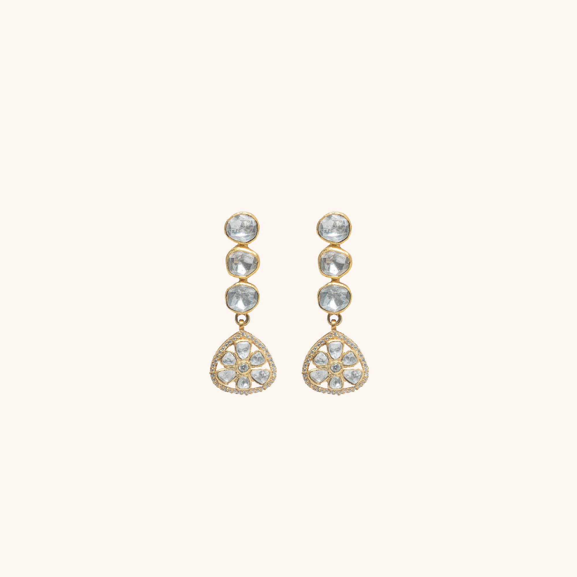 Kaira Earrings in 92.5 Silver with Polki Stones and Push Fastening