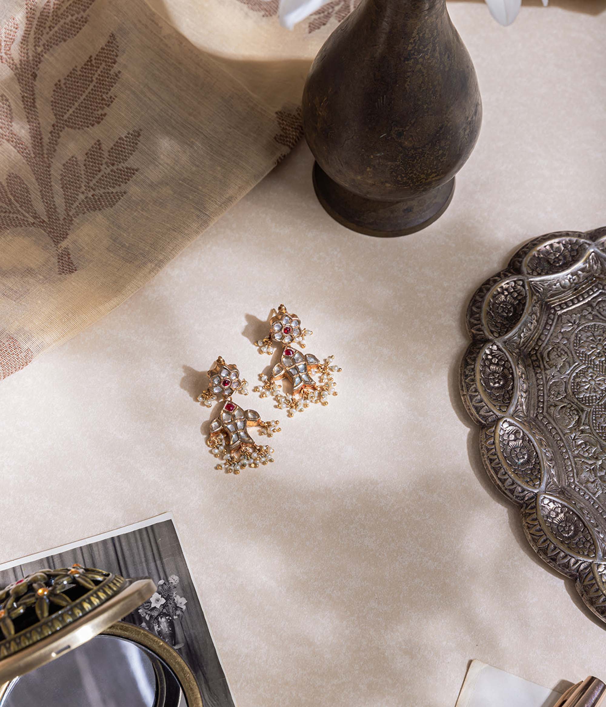 Meenam Fish Inspired White Sapphire And Ruby Earrings