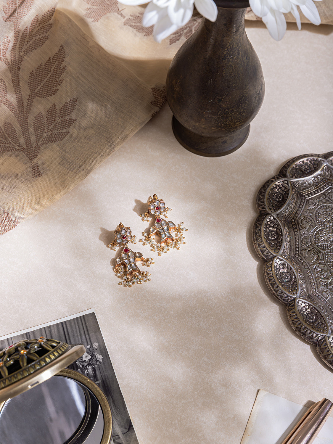 Meenam Fish Inspired White Sapphire And Ruby Earrings