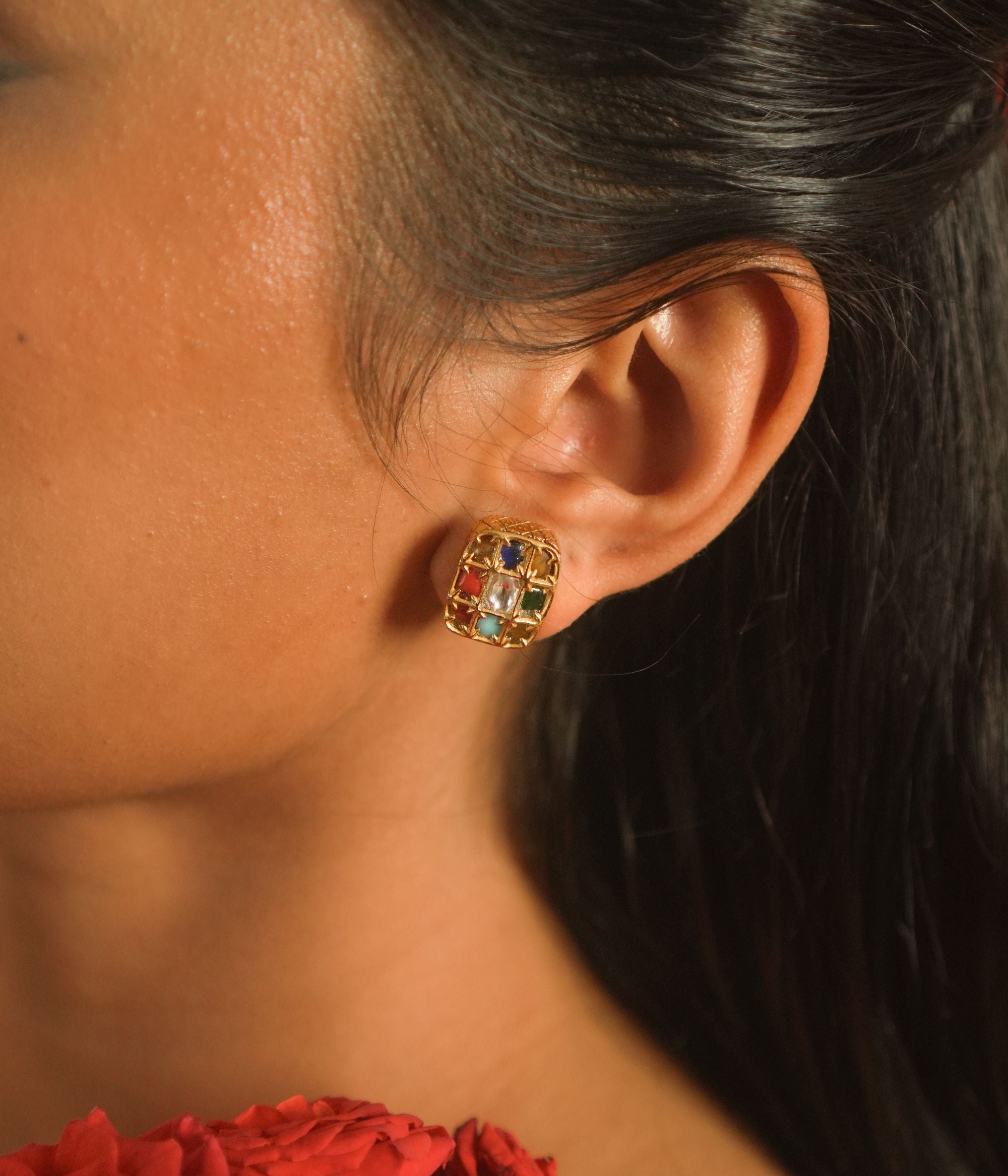 Colorful navratna silver stud earrings handcrafted in Chennai