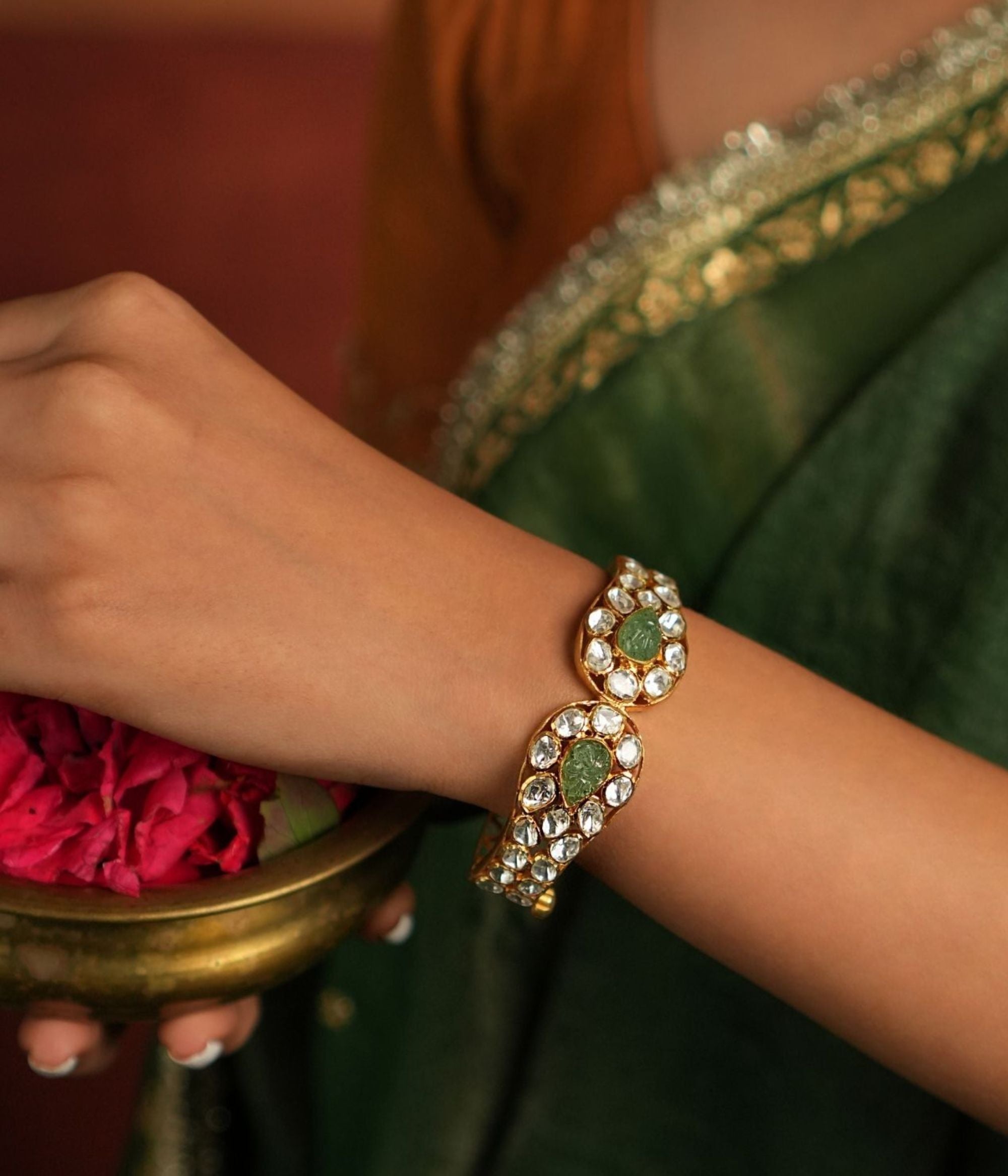 Handcrafted Silver Bracelet with Moissanite Polki and Green Stones