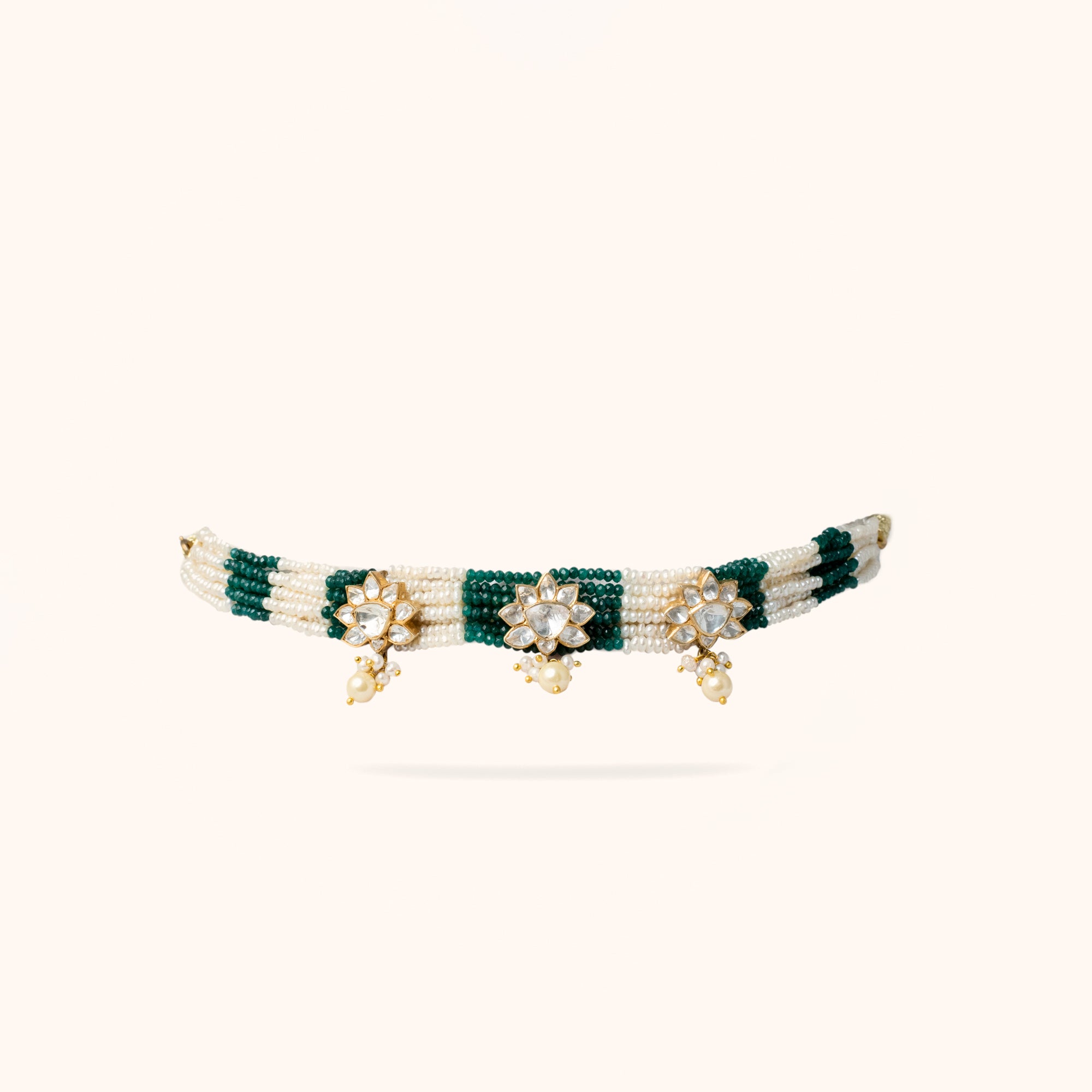 92.5 Sterling Silver Kishh Green Beads and Pearls Moissonite Choker Gold Plated