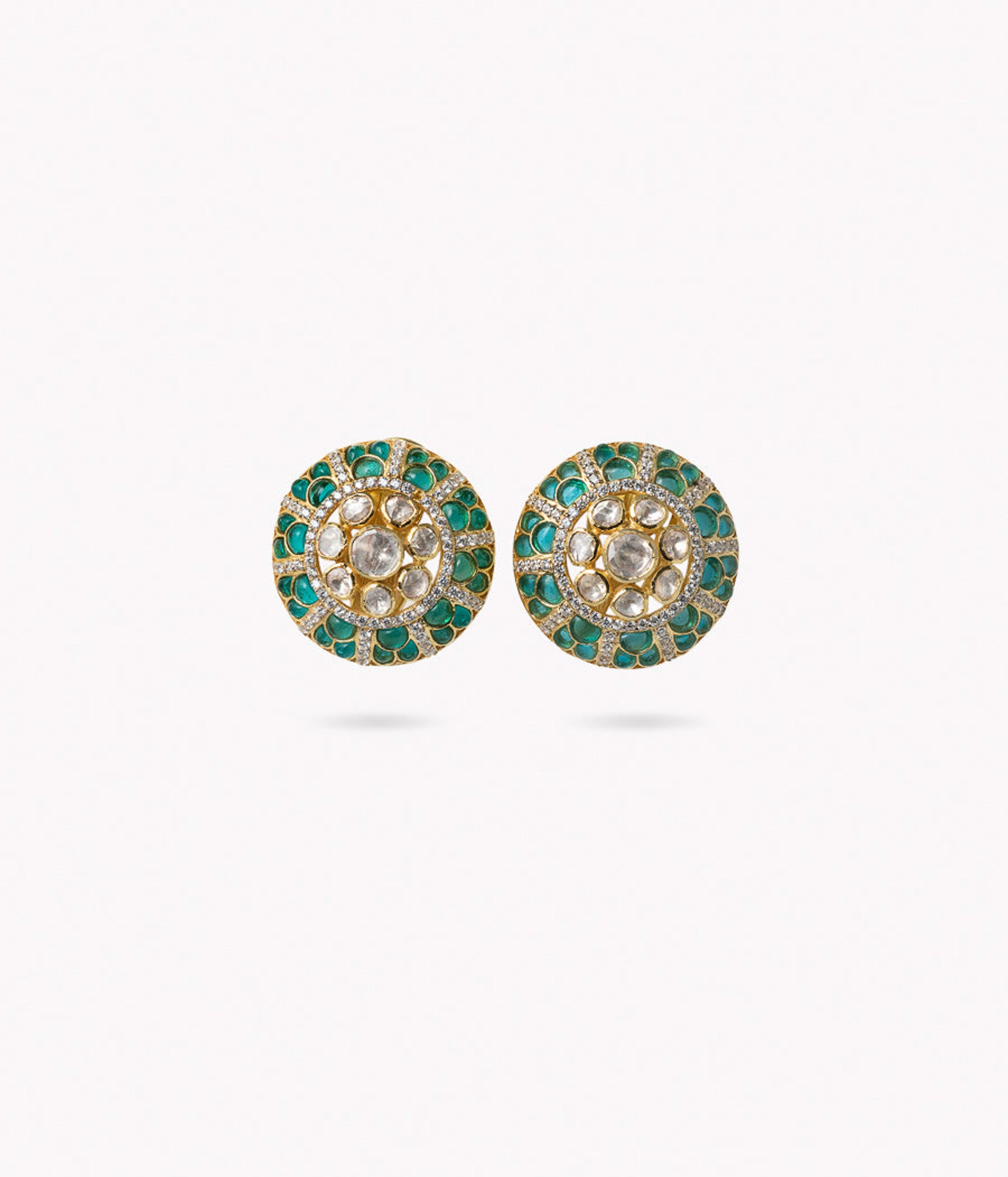 Handcrafted silver earrings with bluish green moissanite and polki stones

