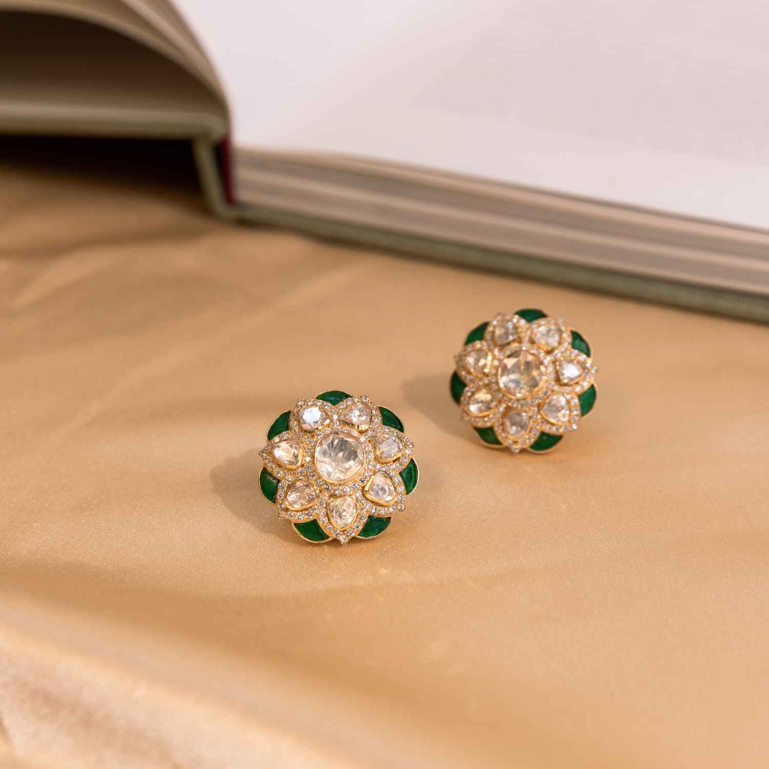 92.5 Sterling Silver Elara Exquisite White and Green Moissanite Studs Gold Plated