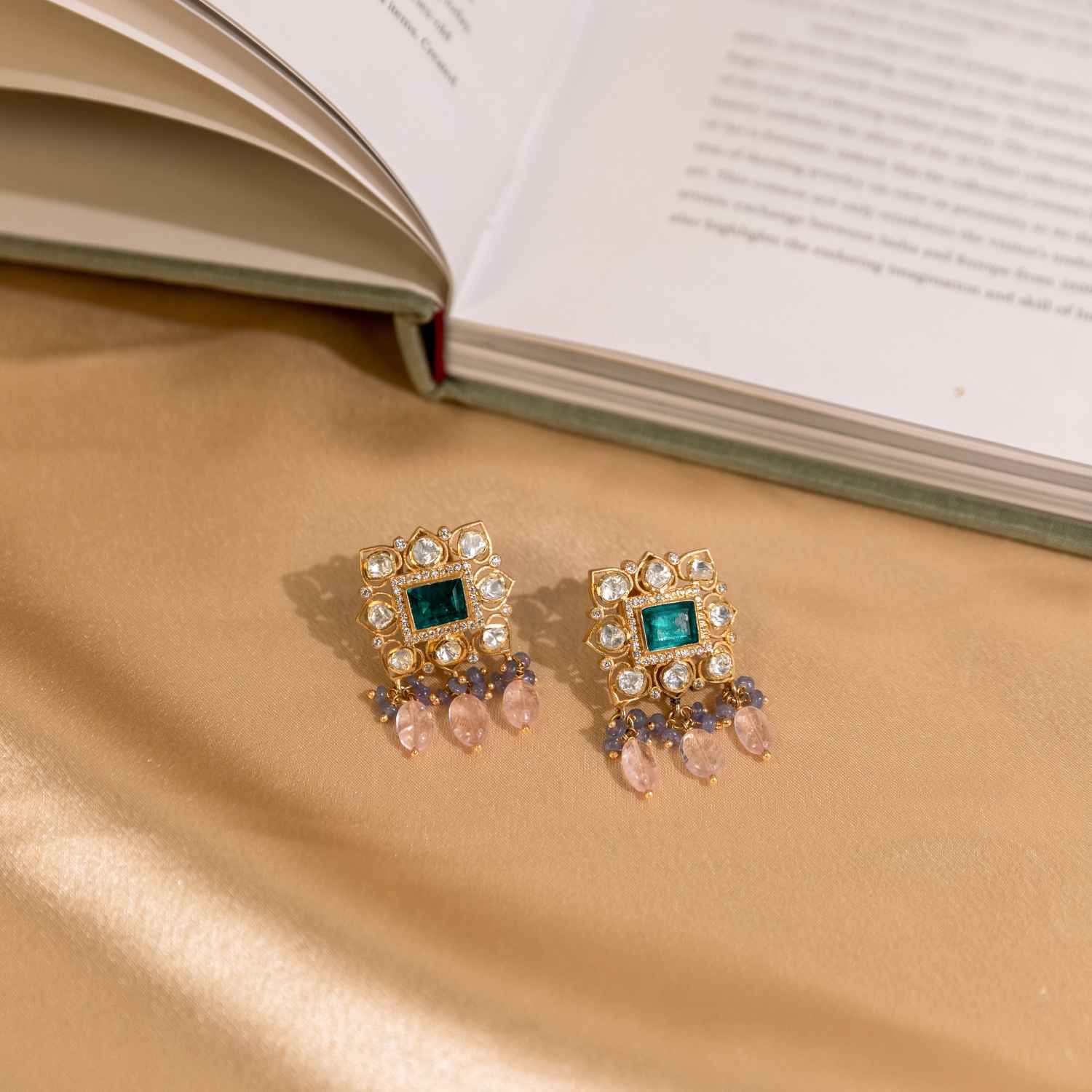 92.5 Sterling Silver Vibha Exquisite Polki Green Gemstone Studs Gold Plated