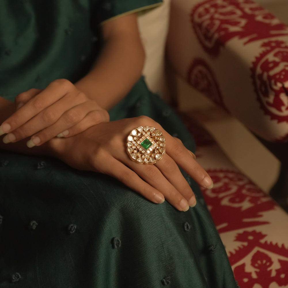 Emery Ring Green Gemstone Polki Silver