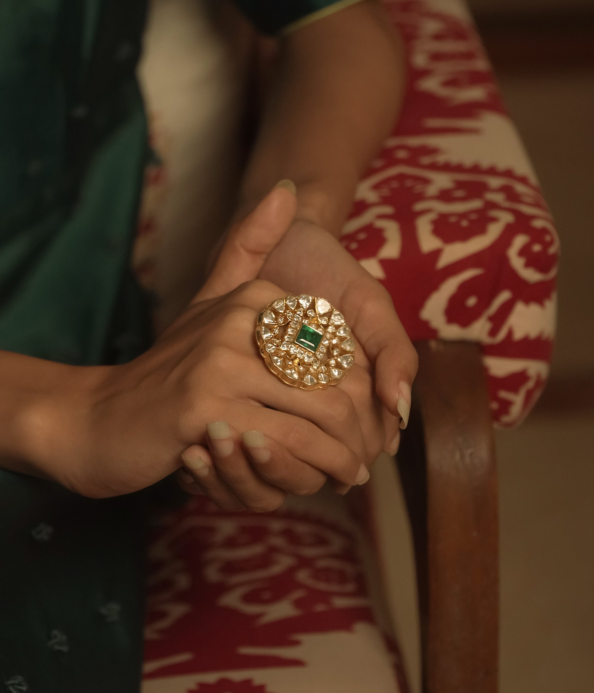 White Polki and Green Gemstone Ring