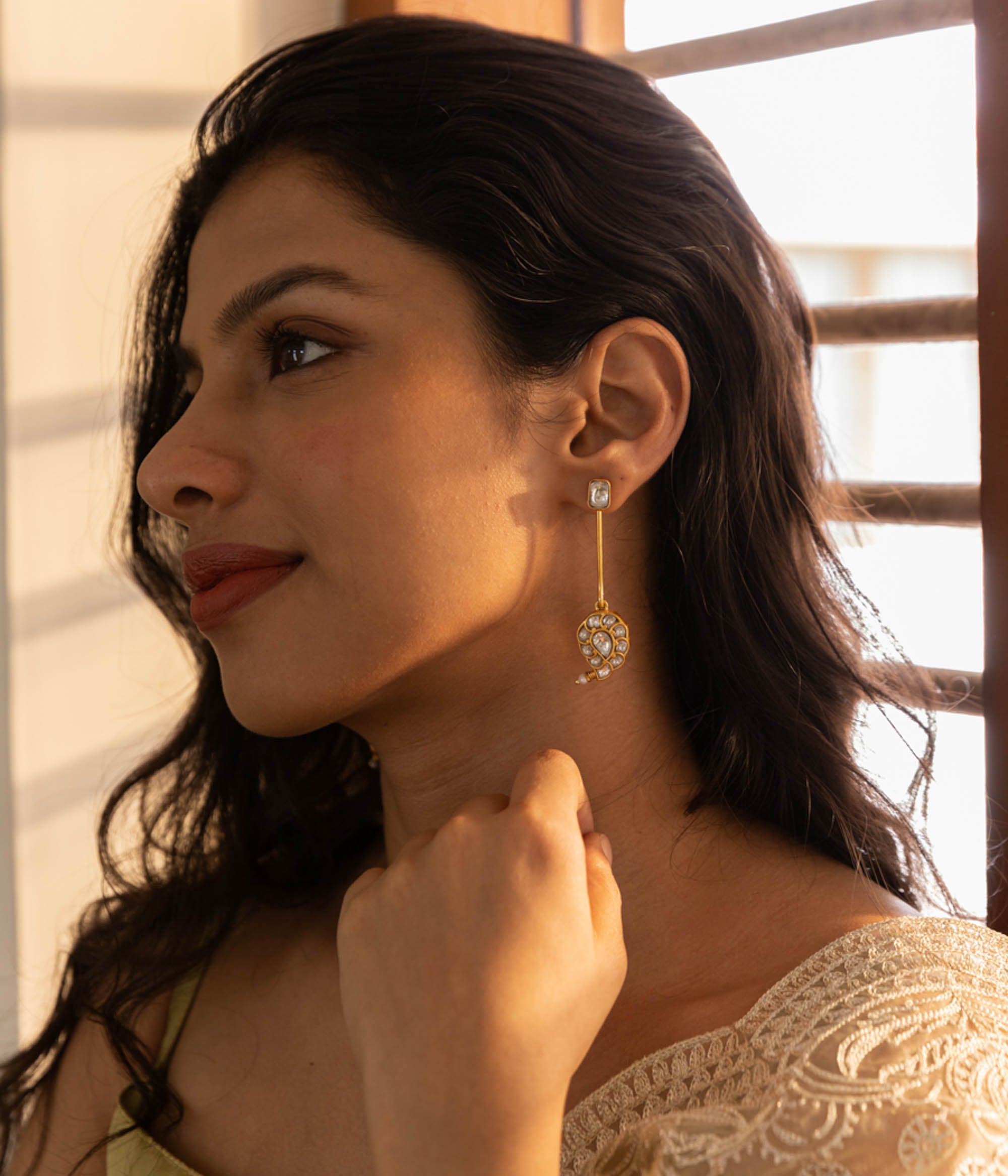 Paisley Kundan Long Earrings