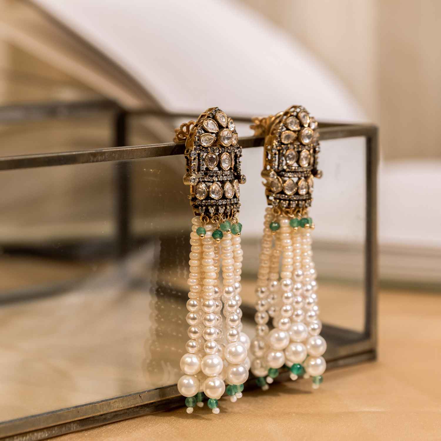 92.5 Sterling Silver Ridhi Exquisite Pearl Moissanite Victorian Earrings Gold Plated